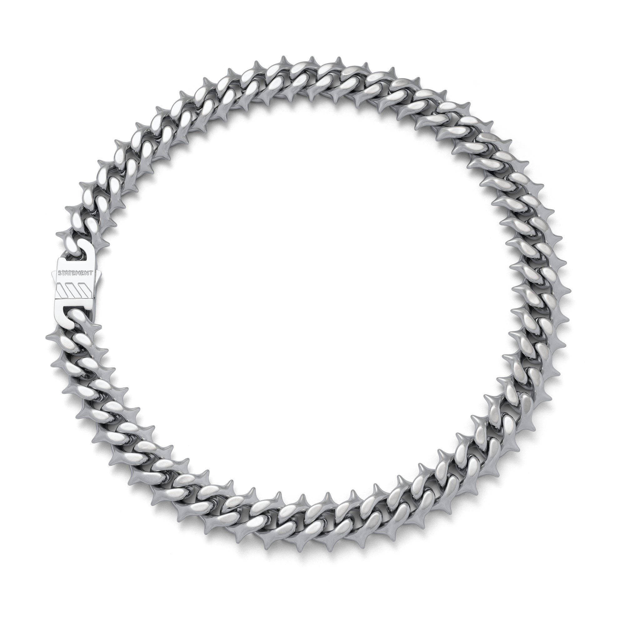 Silver Cuban chain with spikes on every link.