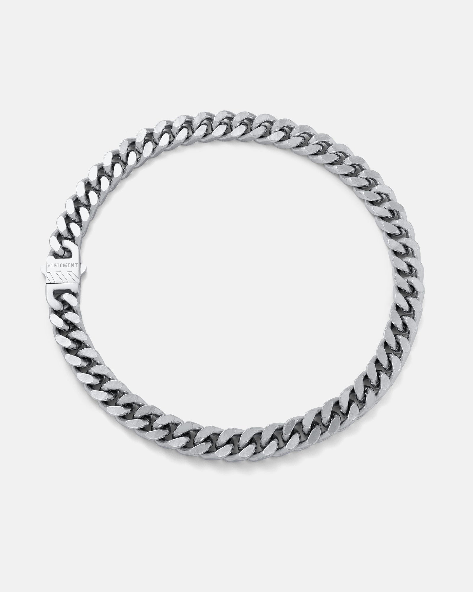 The 13mm Chunky Cuban Chain is a silver choker necklace with a bold rectangular statement lock clasp, displayed on a plain white background.