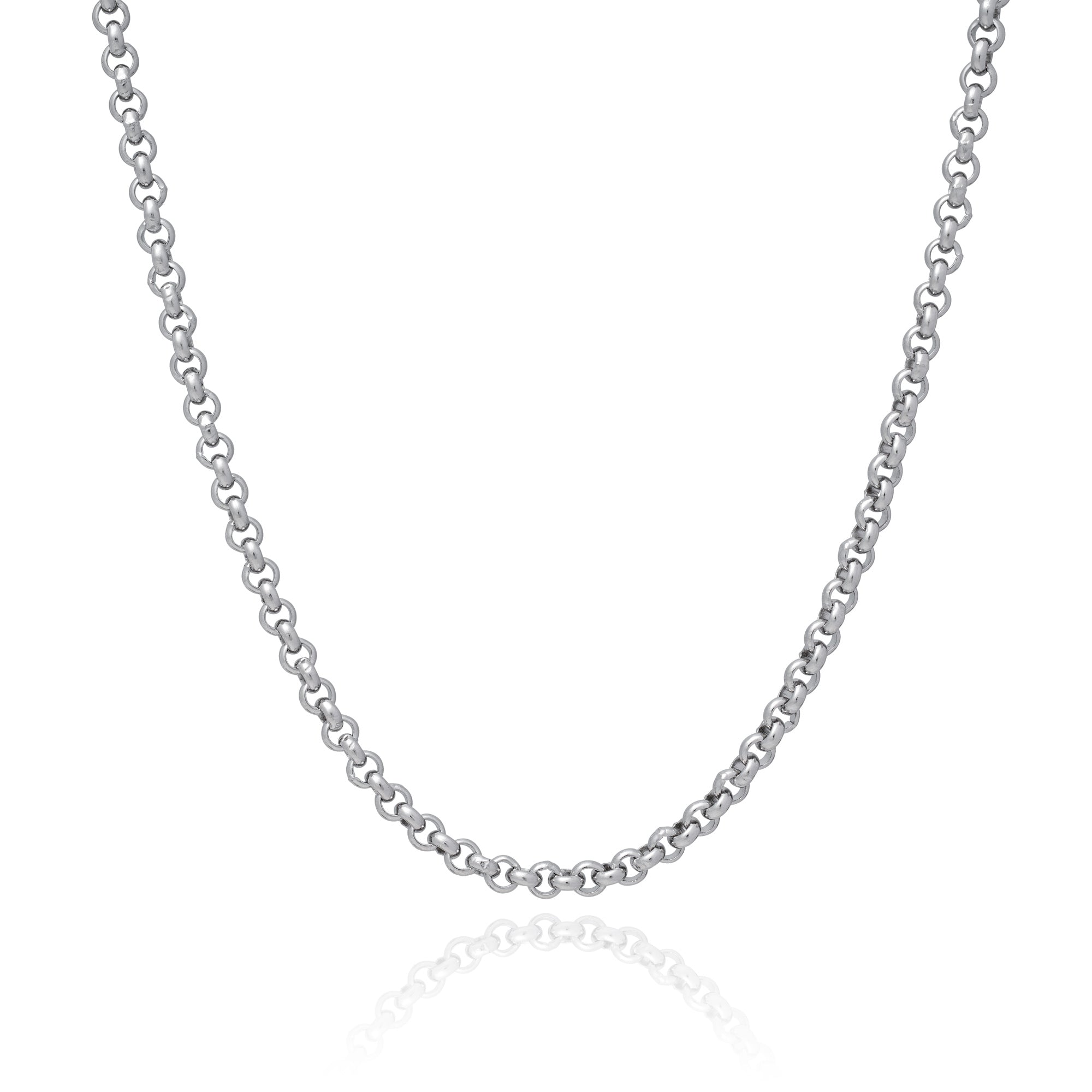 Silver rolo chain necklace on a white background by statement collective
