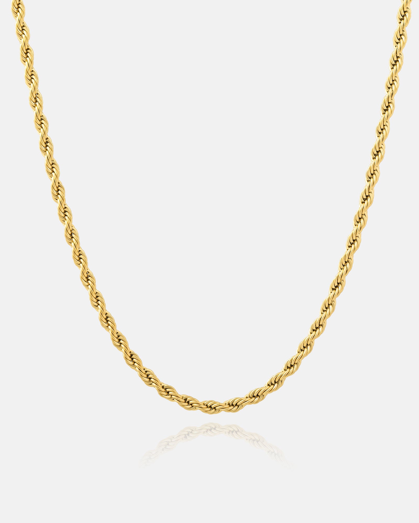 The 4mm Rope Chain (Gold) is displayed against a plain white background, emphasizing its twisted, textured design. This elegant necklace adds a touch of luxury to any outfit.