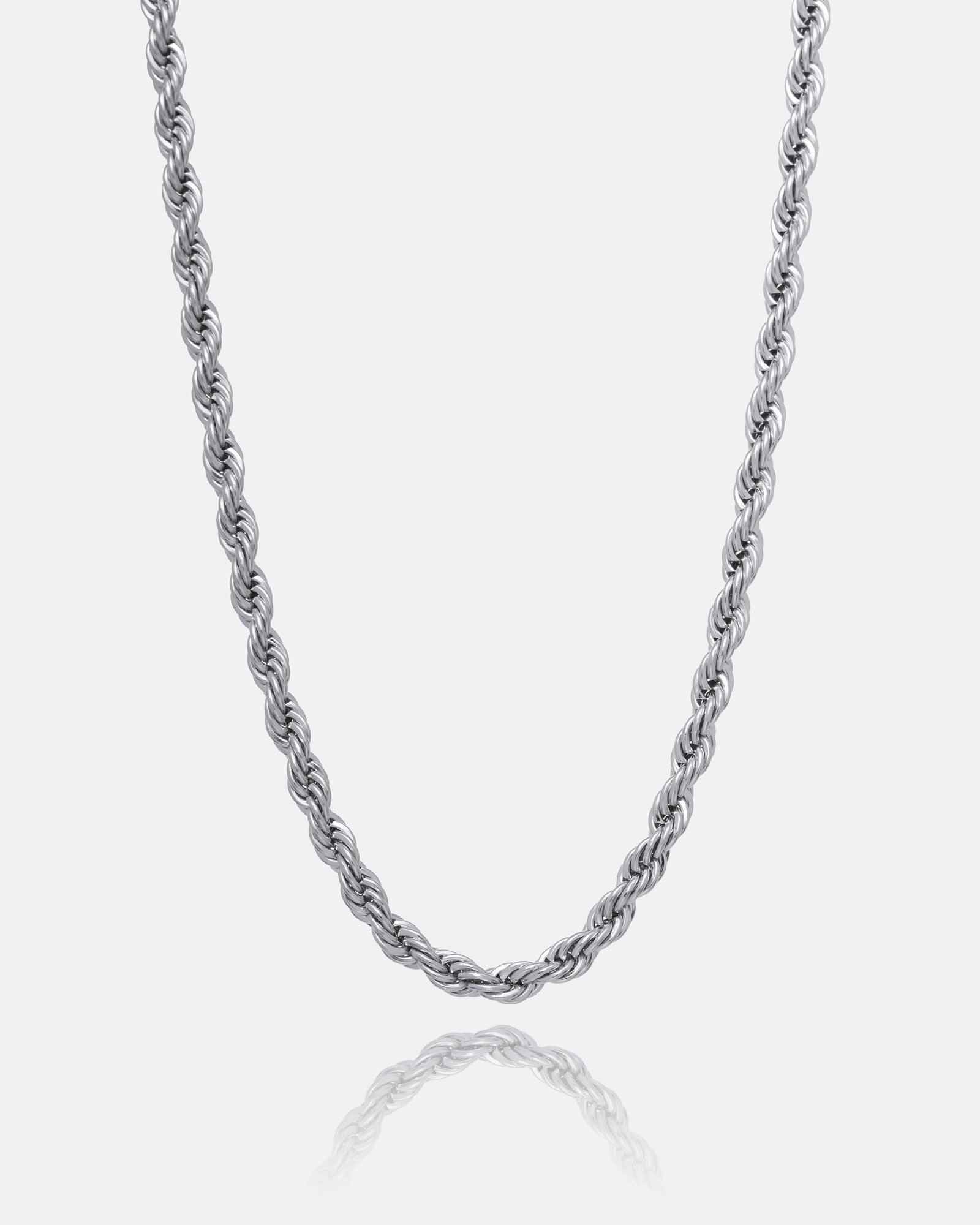 The 4mm Rope Chain is shown on a plain white background, highlighting its twisted rope-like design and a subtle reflection beneath it.