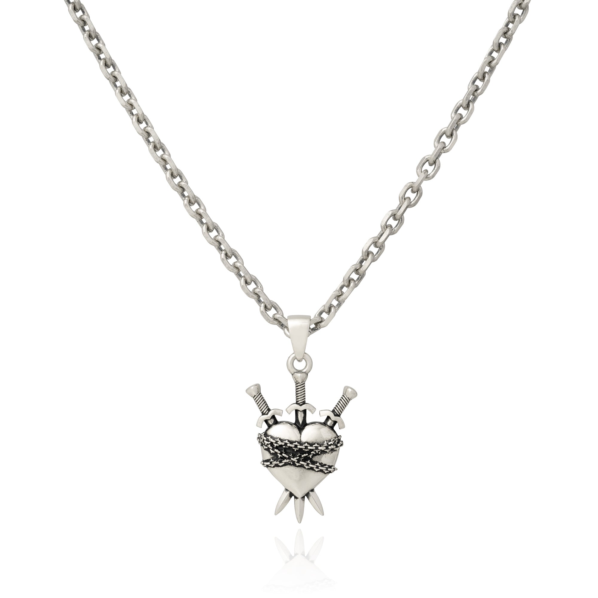 heart shaped pendant necklace in 925 sterling silver on white background