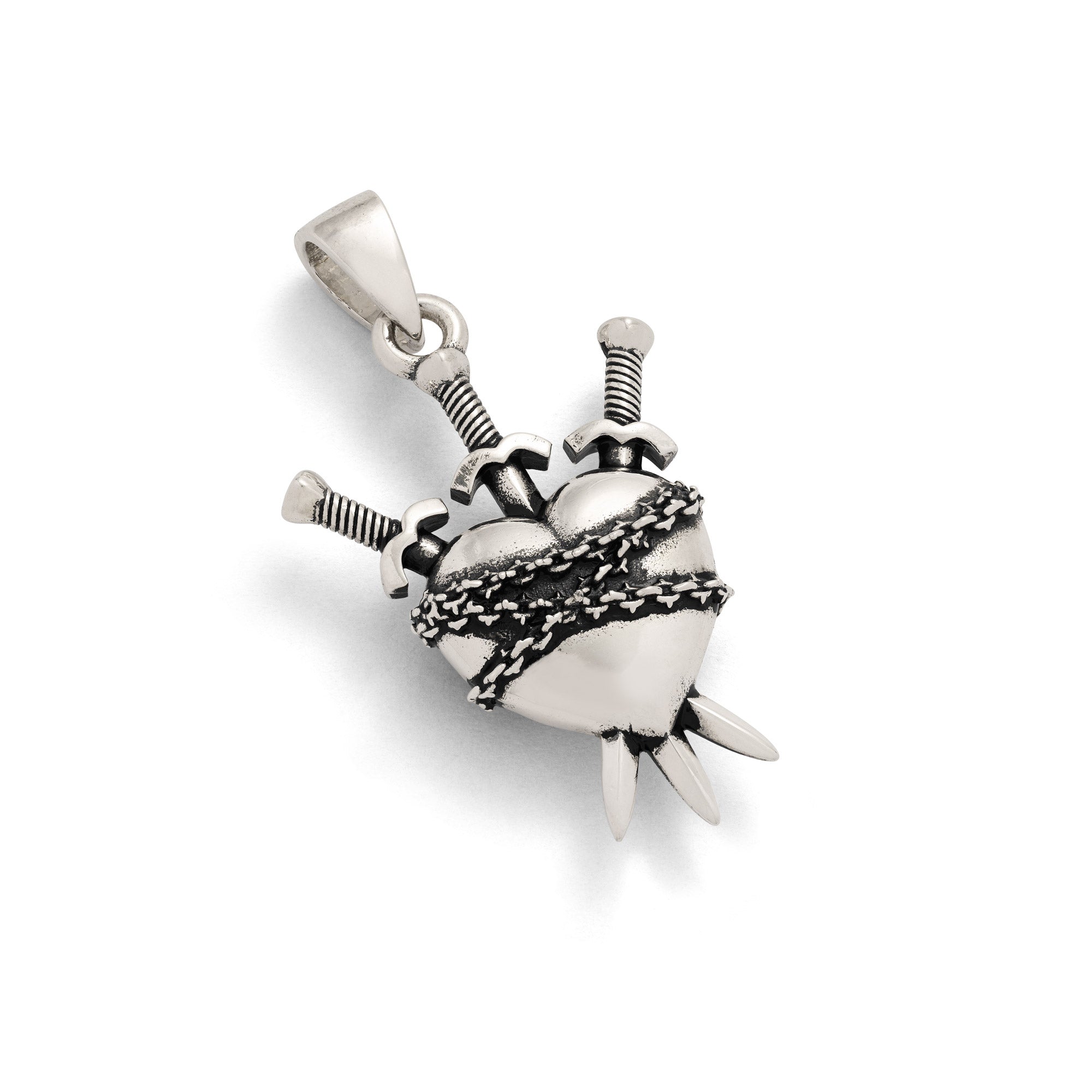 heart shaped pendant with 3 piercing swords in 925 sterling silver by statement