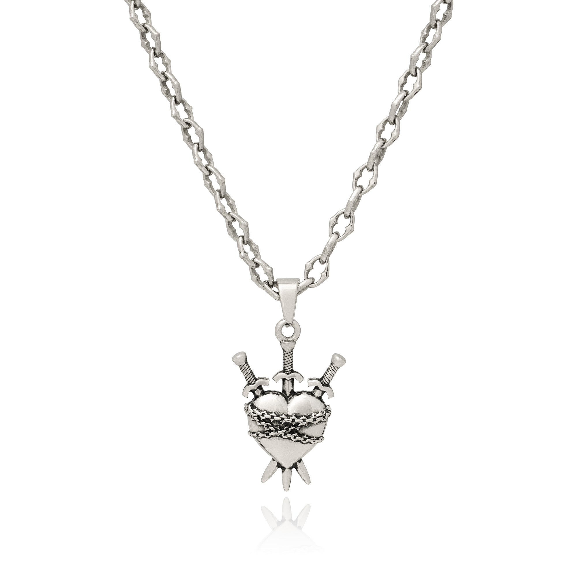 Sterling Silver necklace with a heart-shaped pendant on intricate spiked chain