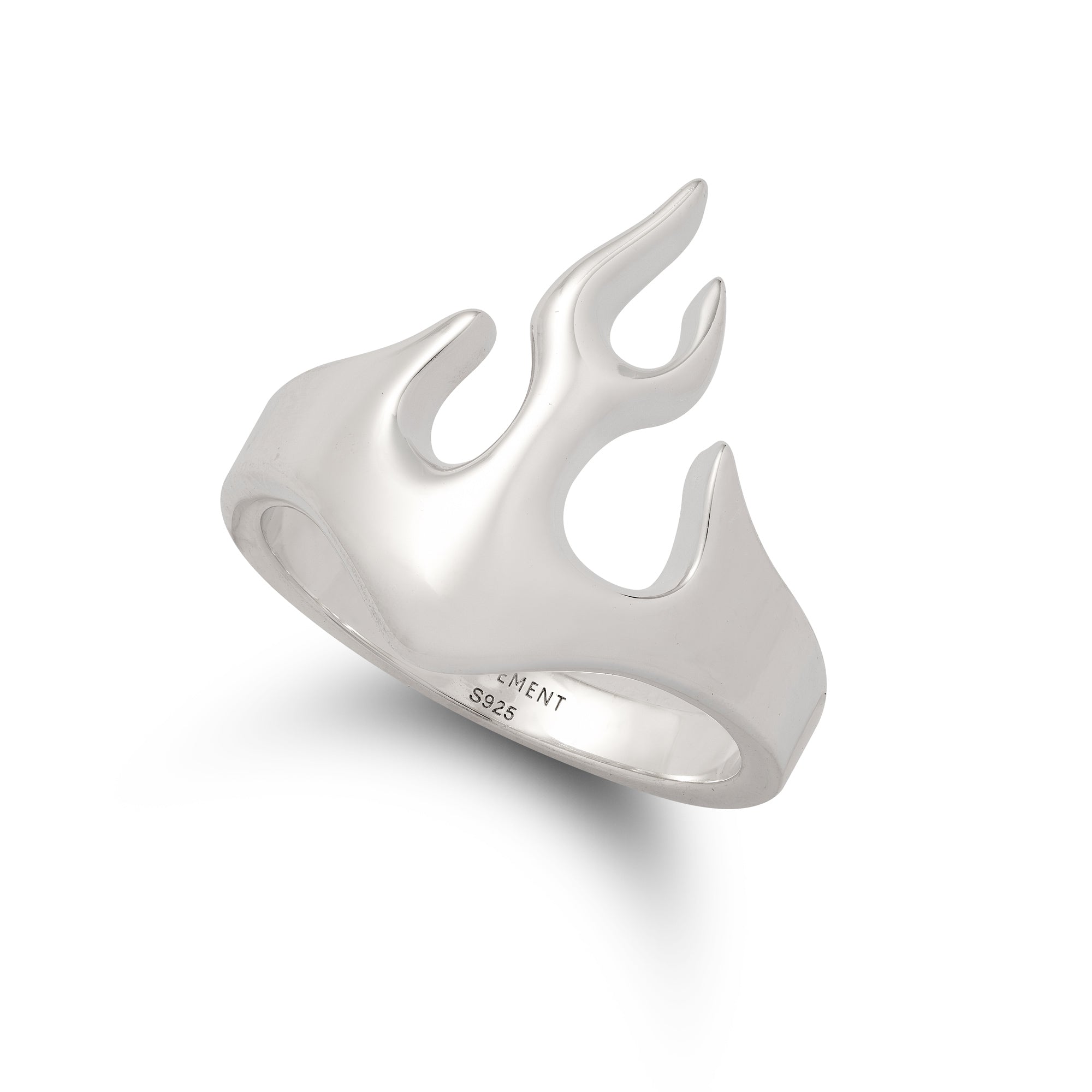 925 Sterling Silver flame-shaped ring on a white background
