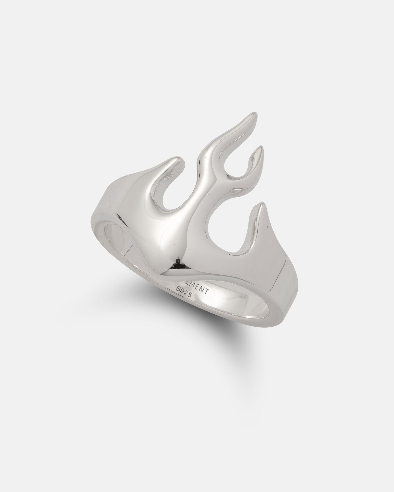 The Statement Collective 925 Sterling Silver Flame Ring showcases an open flame design with three upward curved flame shapes, expertly crafted in high-quality 925 sterling silver, and is set against a plain white background.