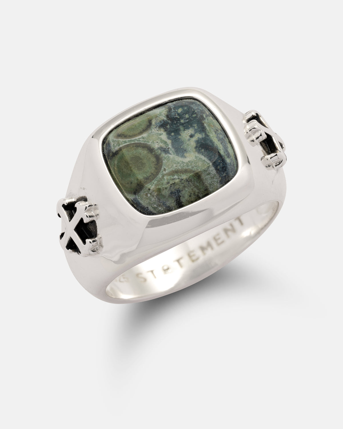 925 Sterling Silver Kambaba Jasper Stone Ring featuring a square, mottled green stone and tattoo-inspired cross-shaped accents on the sides of the band.