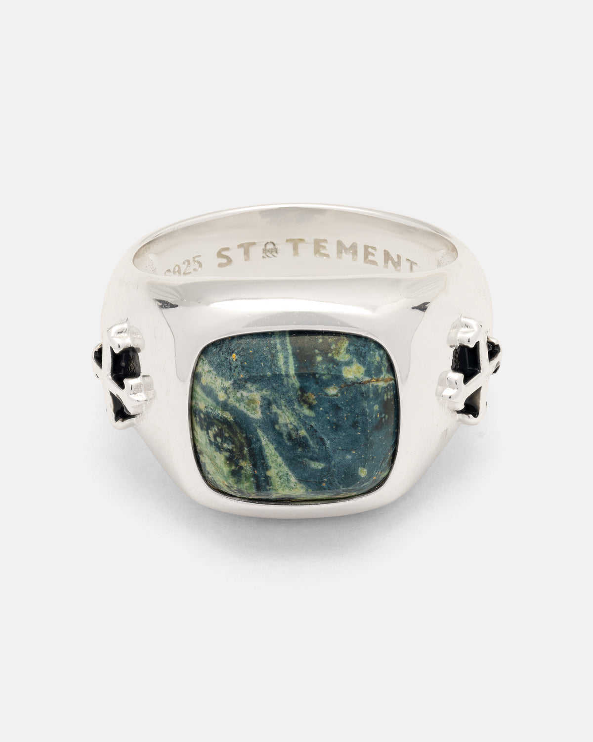 925 Sterling Silver Kambaba Jasper Stone Ring featuring a rectangular stone, cross-shaped side details, and an engraved interior.
