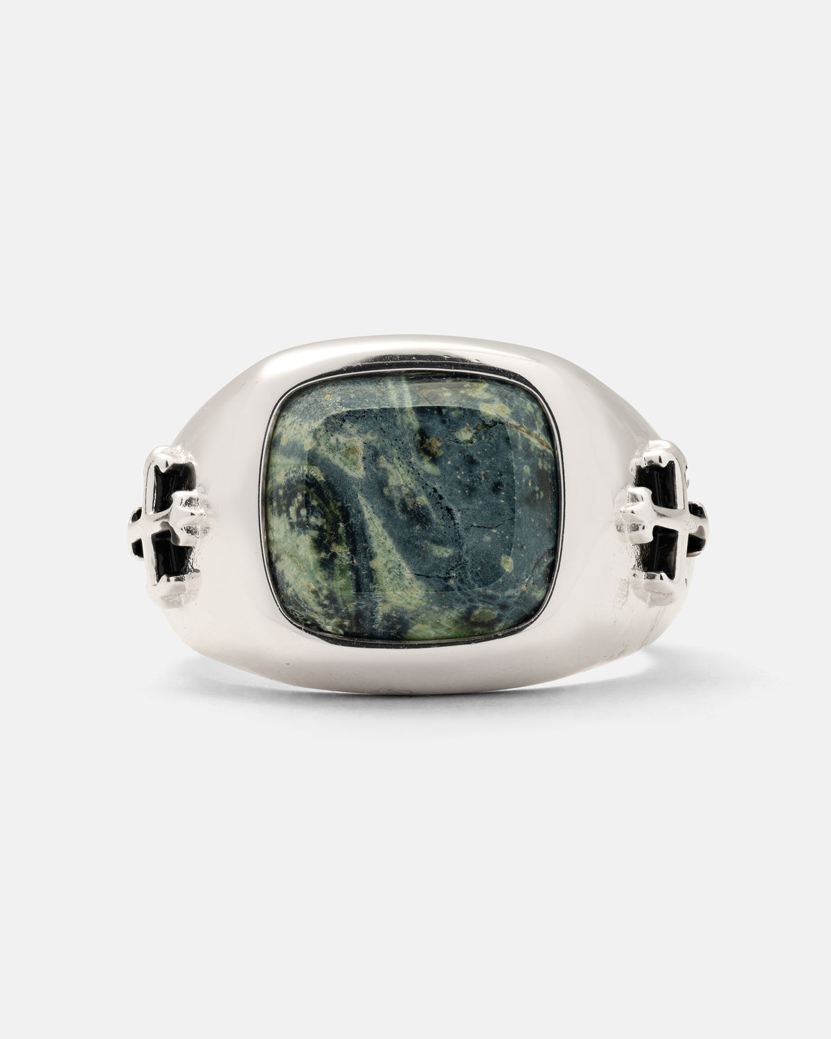 925 Sterling Silver Kambaba Jasper Stone Ring featuring a rectangular, dark green jasper stone with cross motifs on the sides.