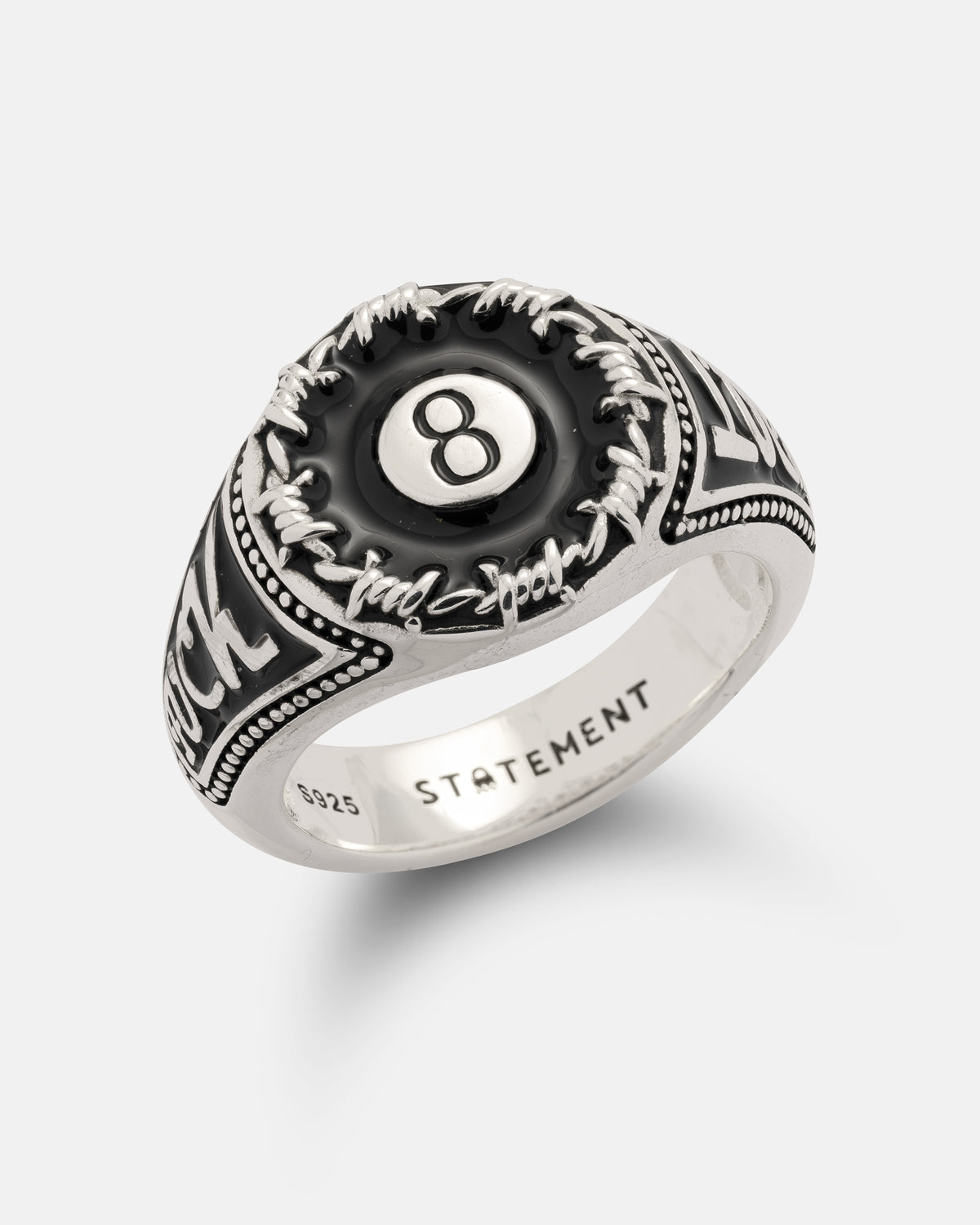 Statement Collective 925 Sterling Silver Lucky Shot ring featuring a black enamel 8-ball design encircled by barbed wire detailing.