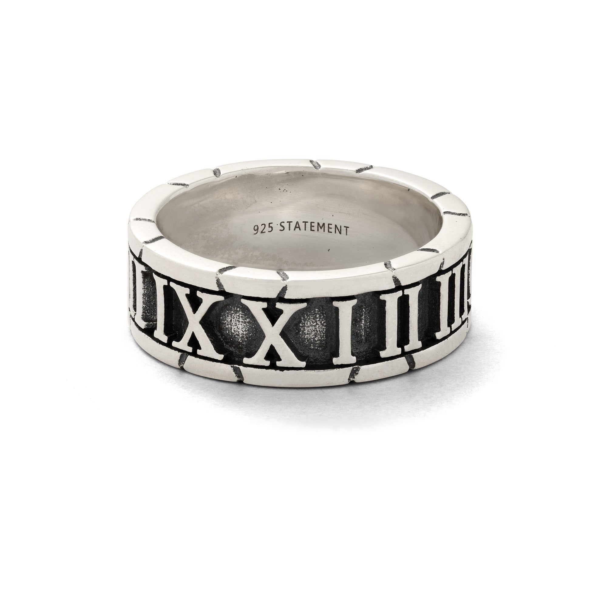 925 sterling Silver ring with Roman numeral design on a white background by statement collective