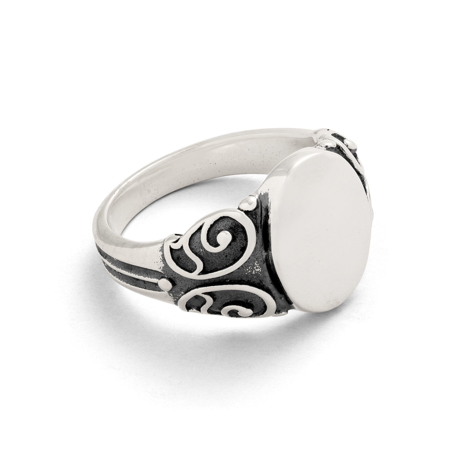 925 sterling silver signet ring with intricate scroll patterns on white background