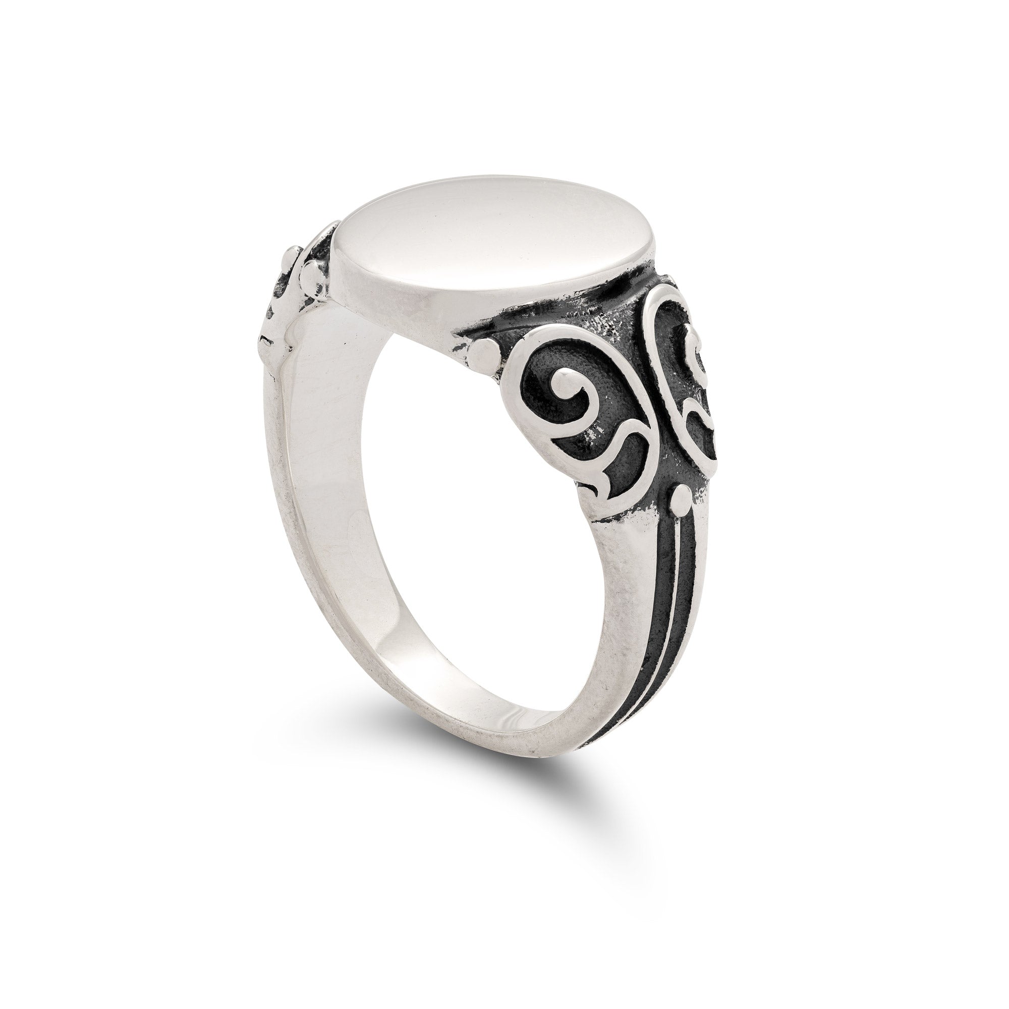 sterling silver signet ring with intricate scroll patterns by statement collective