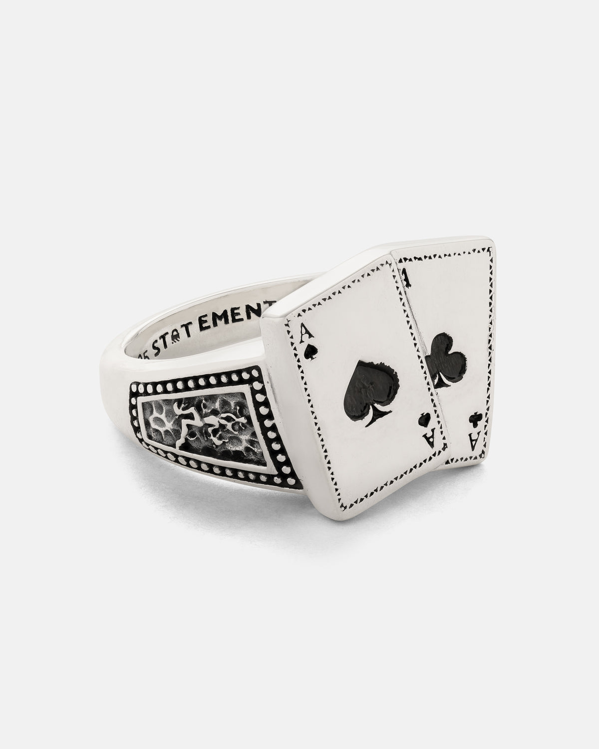 925 Sterling Silver Pocket Aces Ring featuring two overlapping playing cards, an ace of spades and an ace of clubs, with macabre engraved detailing on the band.
