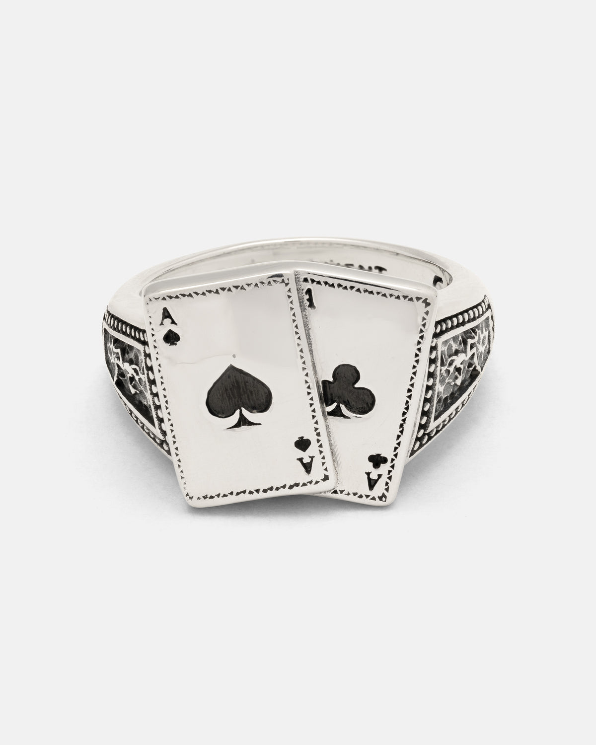 925 Sterling Silver Pocket Aces Ring featuring a sterling silver graveyard design with an ace of spades and an ace of clubs playing card motif.