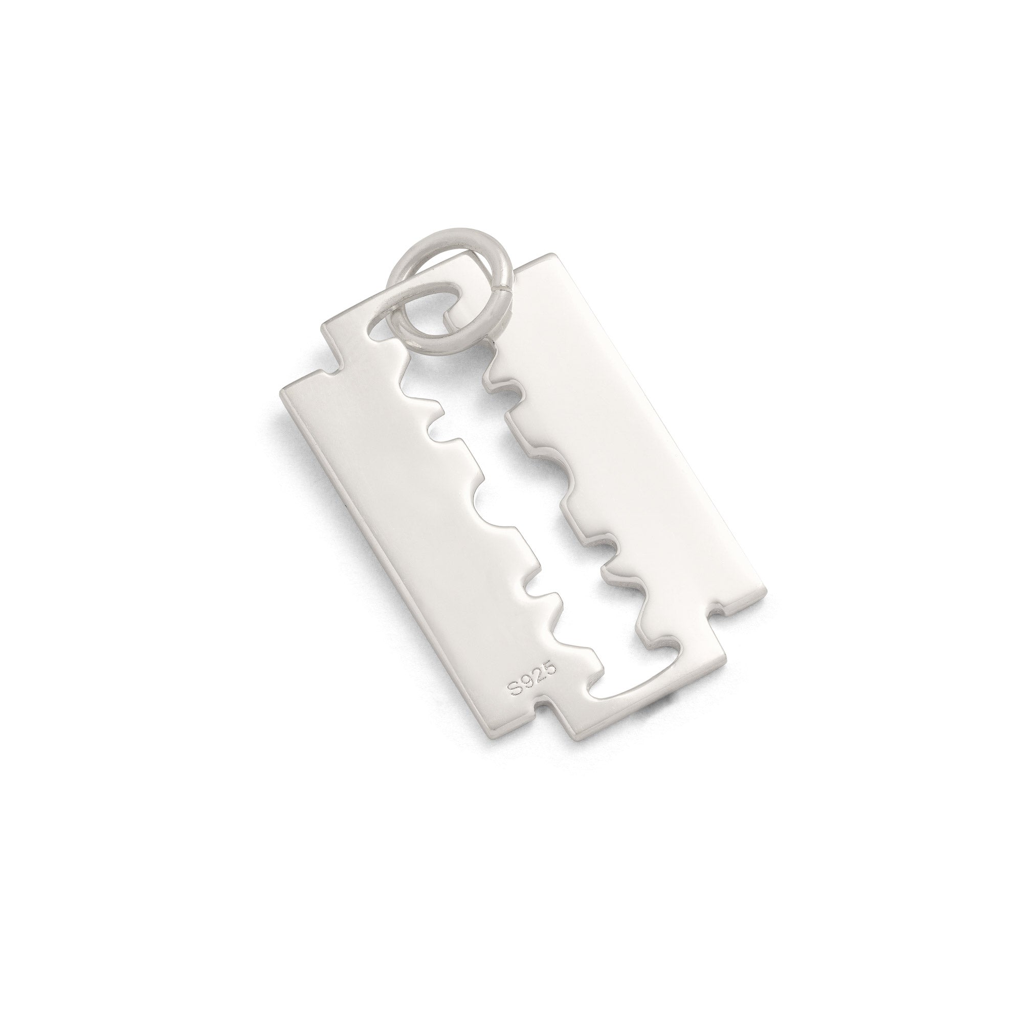 925 sterling silver razorblade pendant hallmarked with S925 on it's own against white backgorund