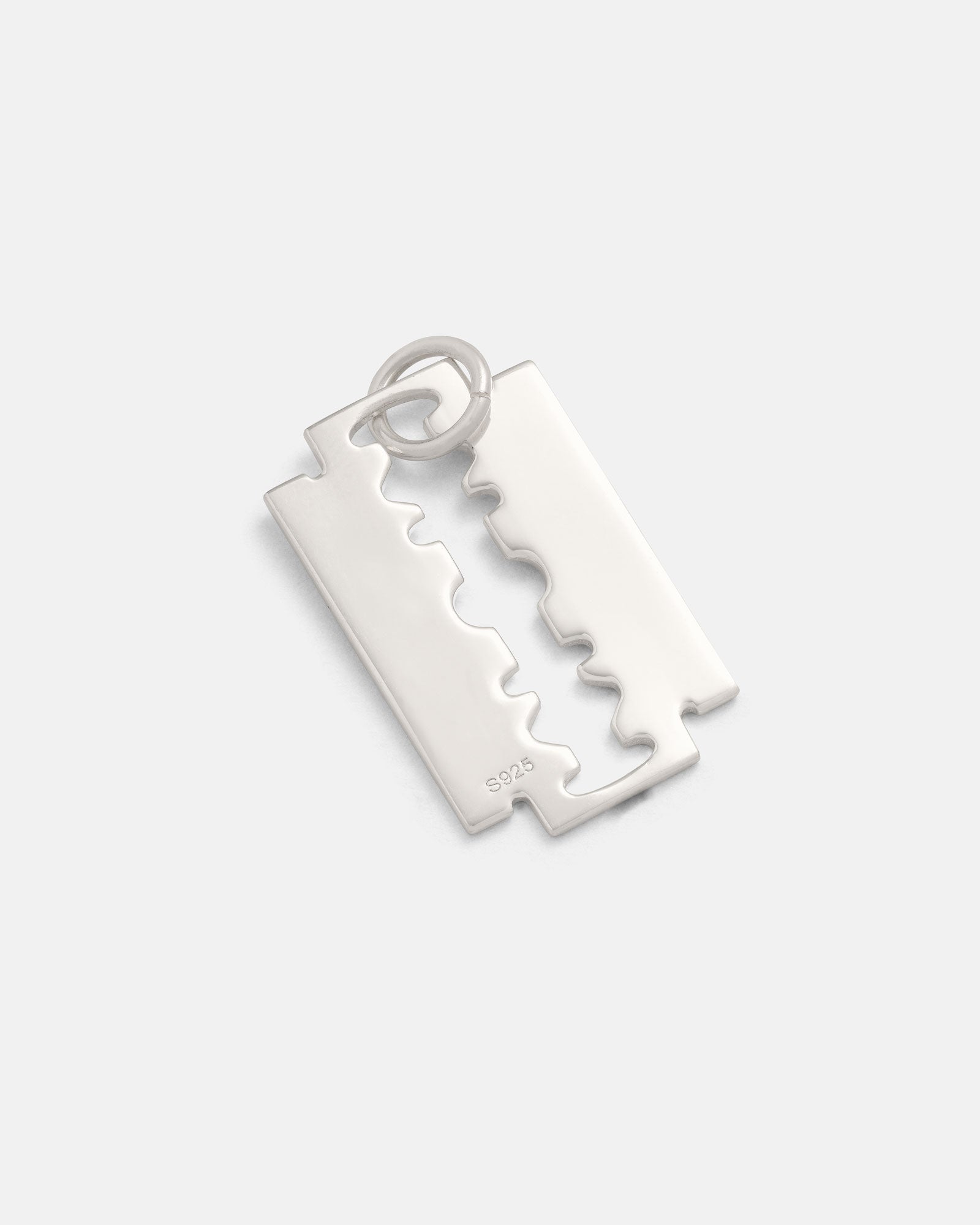 The 925 Sterling Silver Razor Blade Pendant, featuring a small top loop and punk metal design, is shown on a plain light gray background.