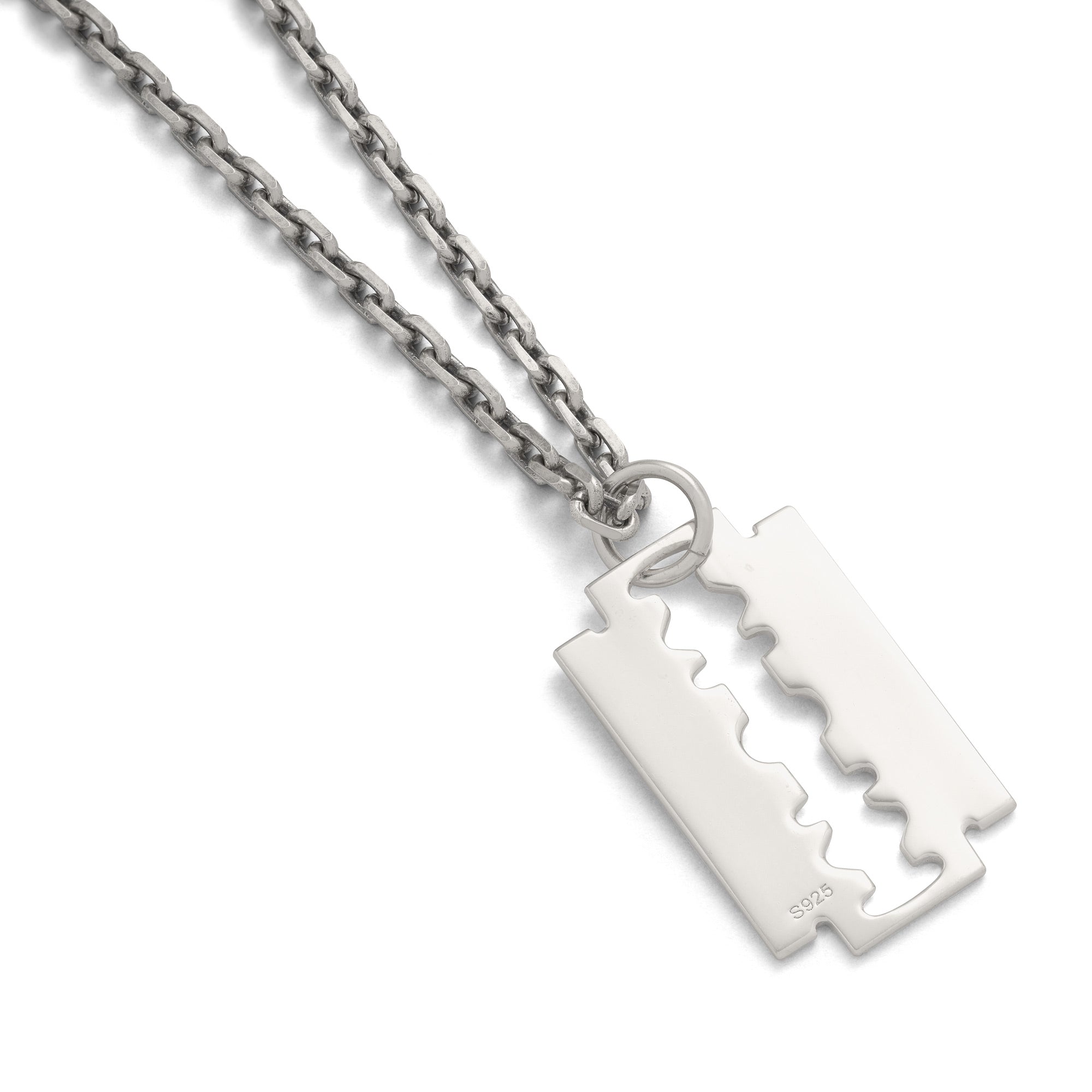 The 925 Sterling Silver Razor Blade Pendant hangs from a metal chain, featuring a shiny finish and S925 engraving—perfect for adding an edgy, punk touch to your jewelry collection.