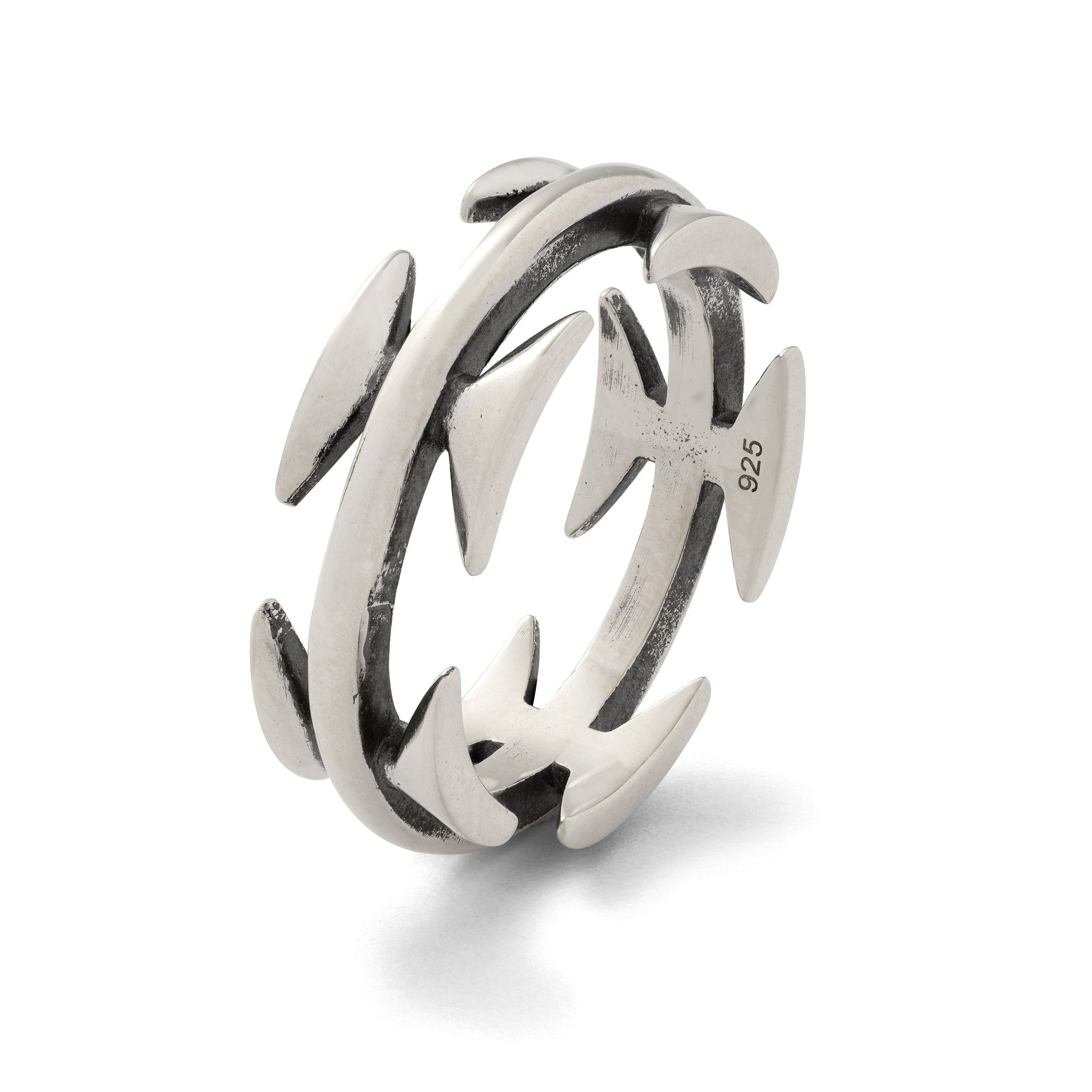 sterling silver razor wire ring on white background showing 925 hallmark on the inside of the ring band