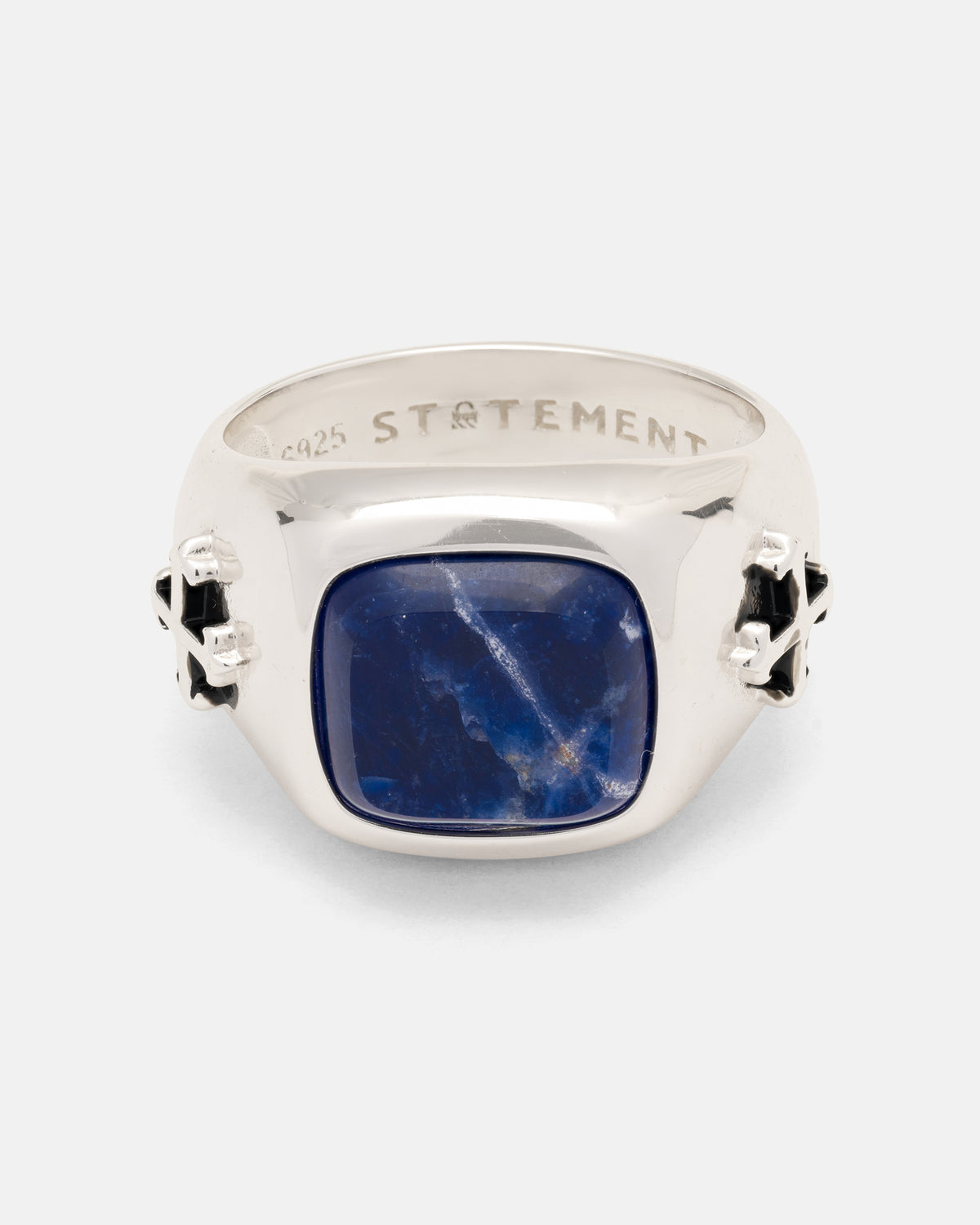 925 Sterling Silver Sodalite Stone Ring featuring a square natural sodalite stone, etched cross detailing on the sides, and an interior engraving.