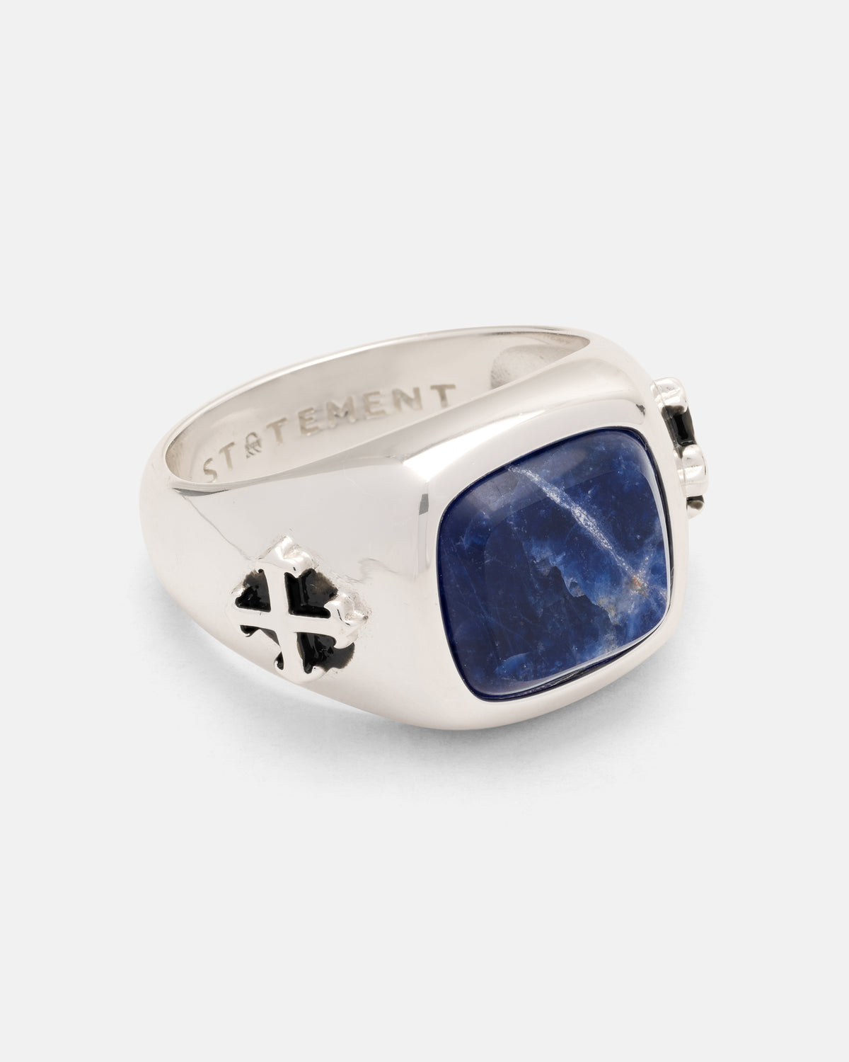 925 Sterling Silver Sodalite Stone Ring in sterling silver featuring a rectangular blue sodalite stone and a cross emblem on the side.