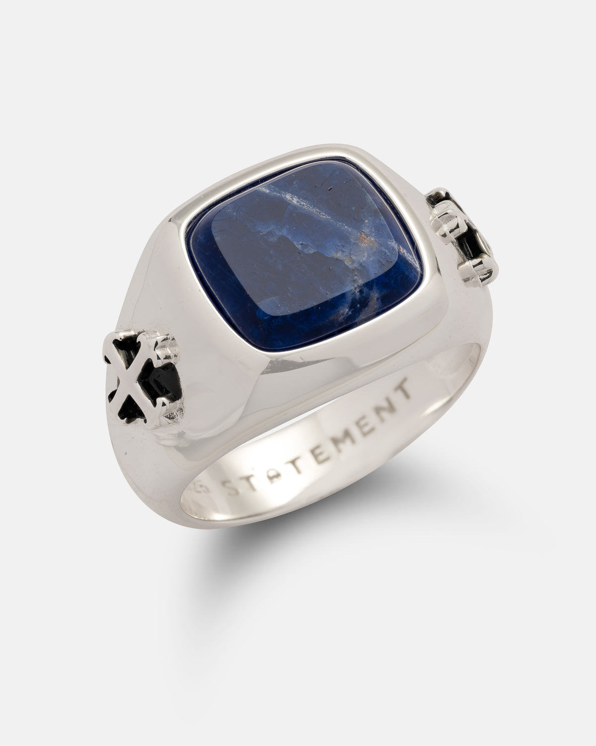 Statement Collective 925 Sterling Silver Sodalite Stone Ring featuring a rectangular blue sodalite stone and cross-shaped accents on the sides.