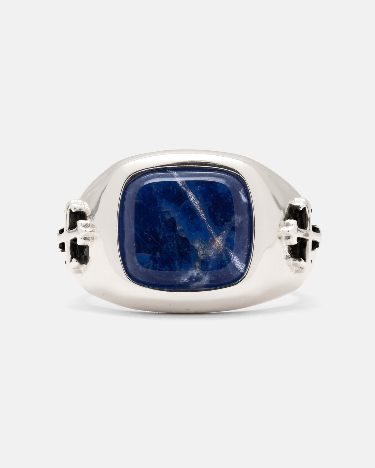 925 Sterling Silver Sodalite Stone Ring by Statement Collective featuring a rectangular, dark blue sodalite stone and cross-shaped accents on the sides.