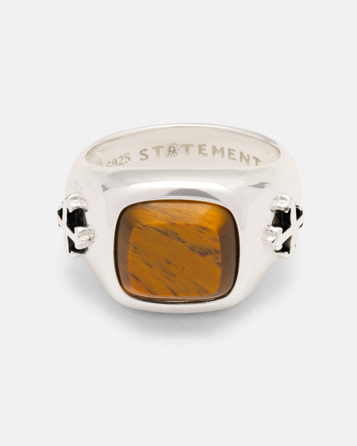 925 Sterling Silver Tigers Eye Stone Ring in sterling silver featuring a rectangular Tigers Eye stone and cross-shaped accents on the sides.