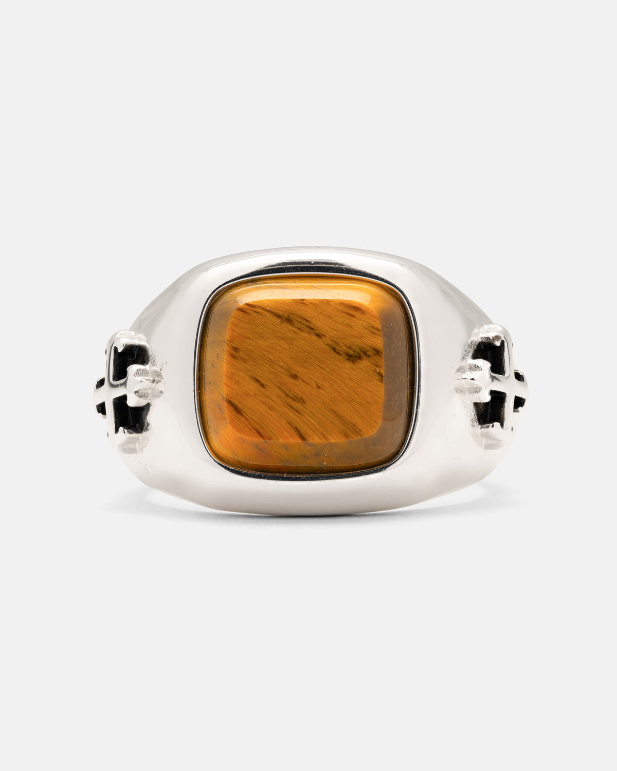 925 Sterling Silver Tigers Eye Stone Ring in sterling silver featuring a square tiger’s eye stone and cross-shaped accents on the sides.