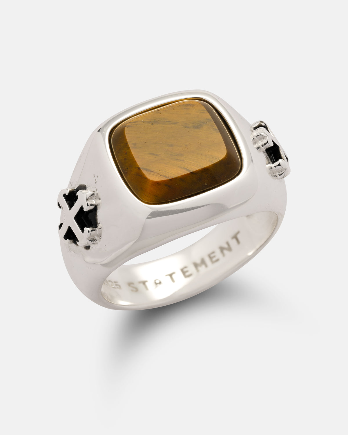 925 Sterling Silver Tigers Eye Stone Ring featuring a rectangular tiger’s eye stone and tattoo-inspired cutout cross details on the sides.