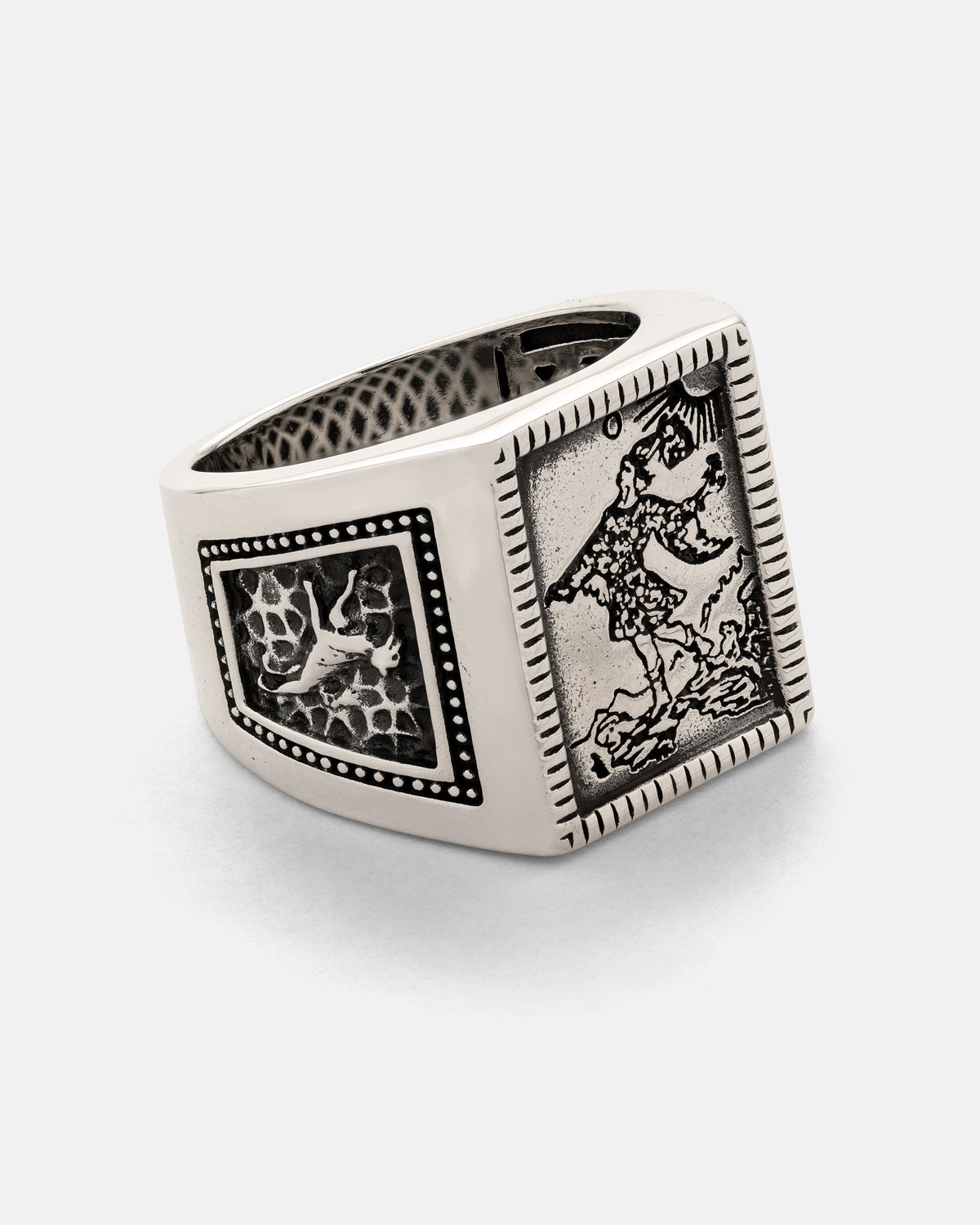 Statement Collective 925 Sterling Silver Try Hard Fool signet ring featuring an engraved rectangular panel of a figure in a sunlit landscape and a side panel with a patterned motif.
