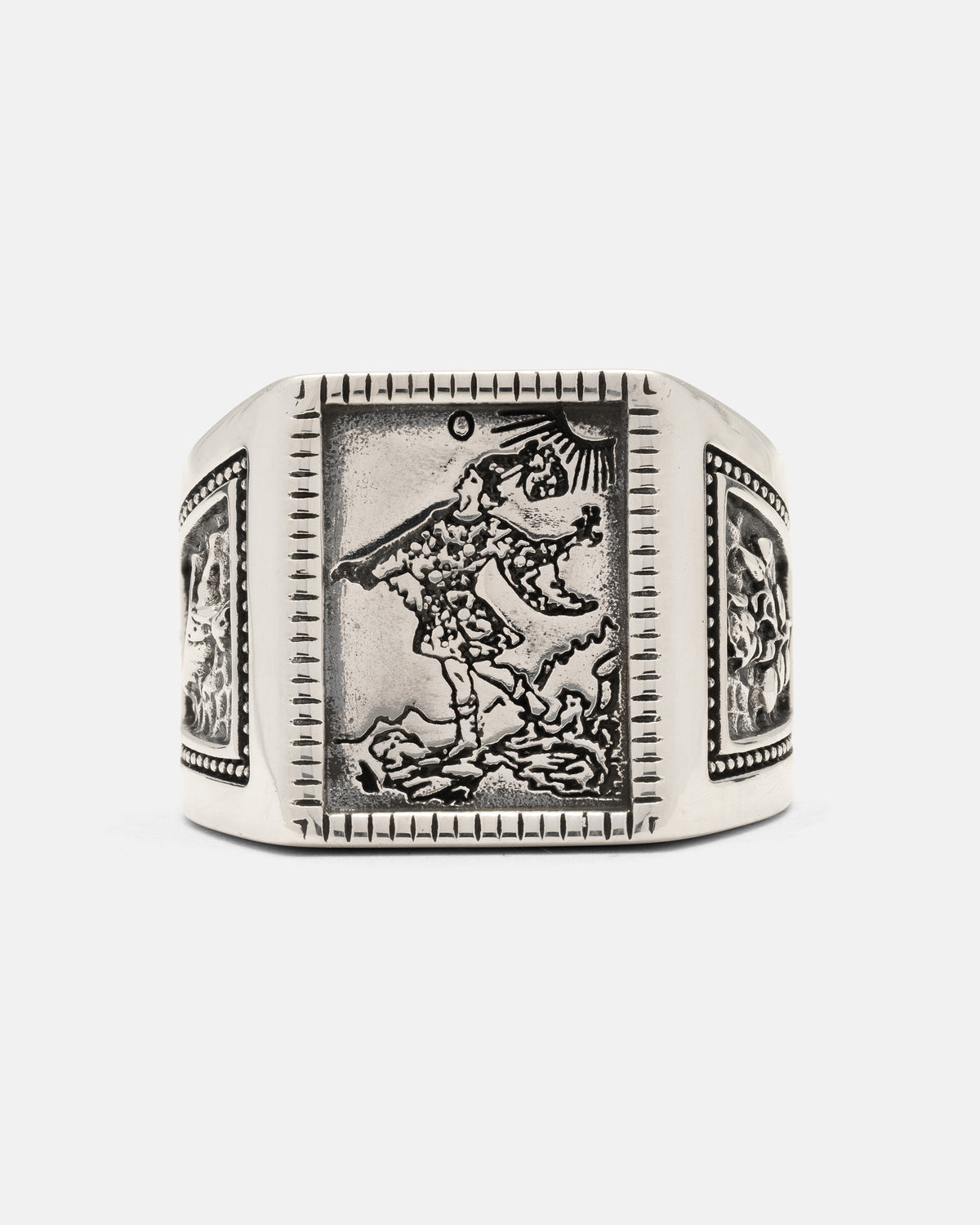 Statement Collective 925 Sterling Silver Try Hard Fool signet ring featuring an engraved rectangular tarot-style image of a figure walking near a cliff edge, accented by decorative side panels.