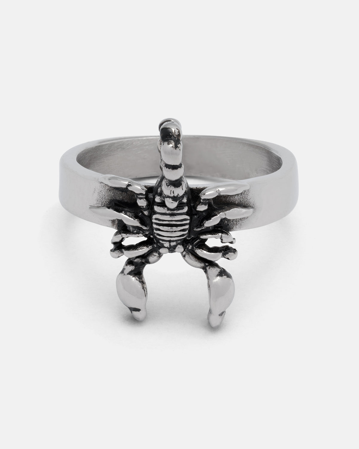 Statement Collective silver stainless steel Scorpion Ring featuring a detailed scorpion ornament on the front.