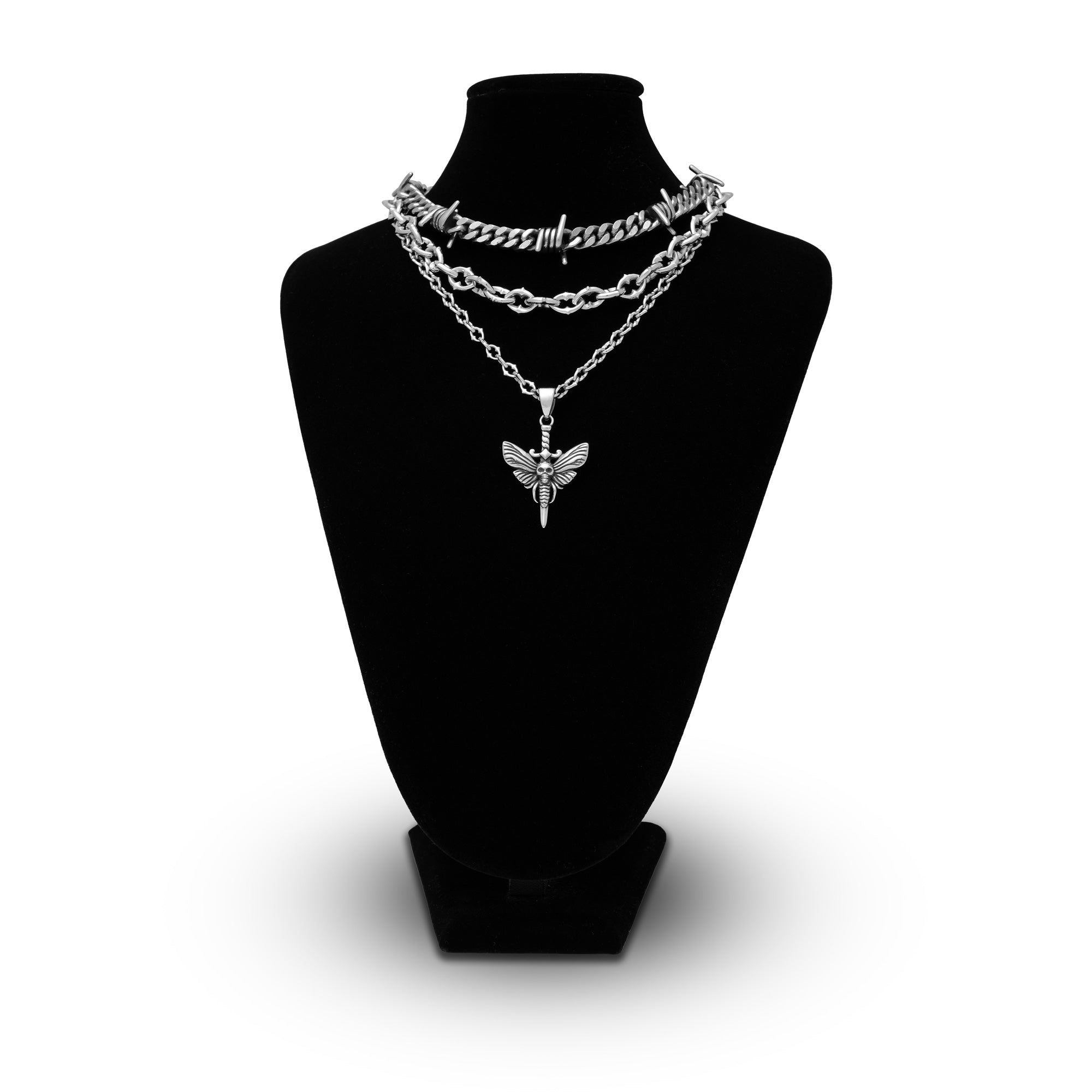Gothic silver necklace and chain set with moth and dagger jewelry by Statement Collective