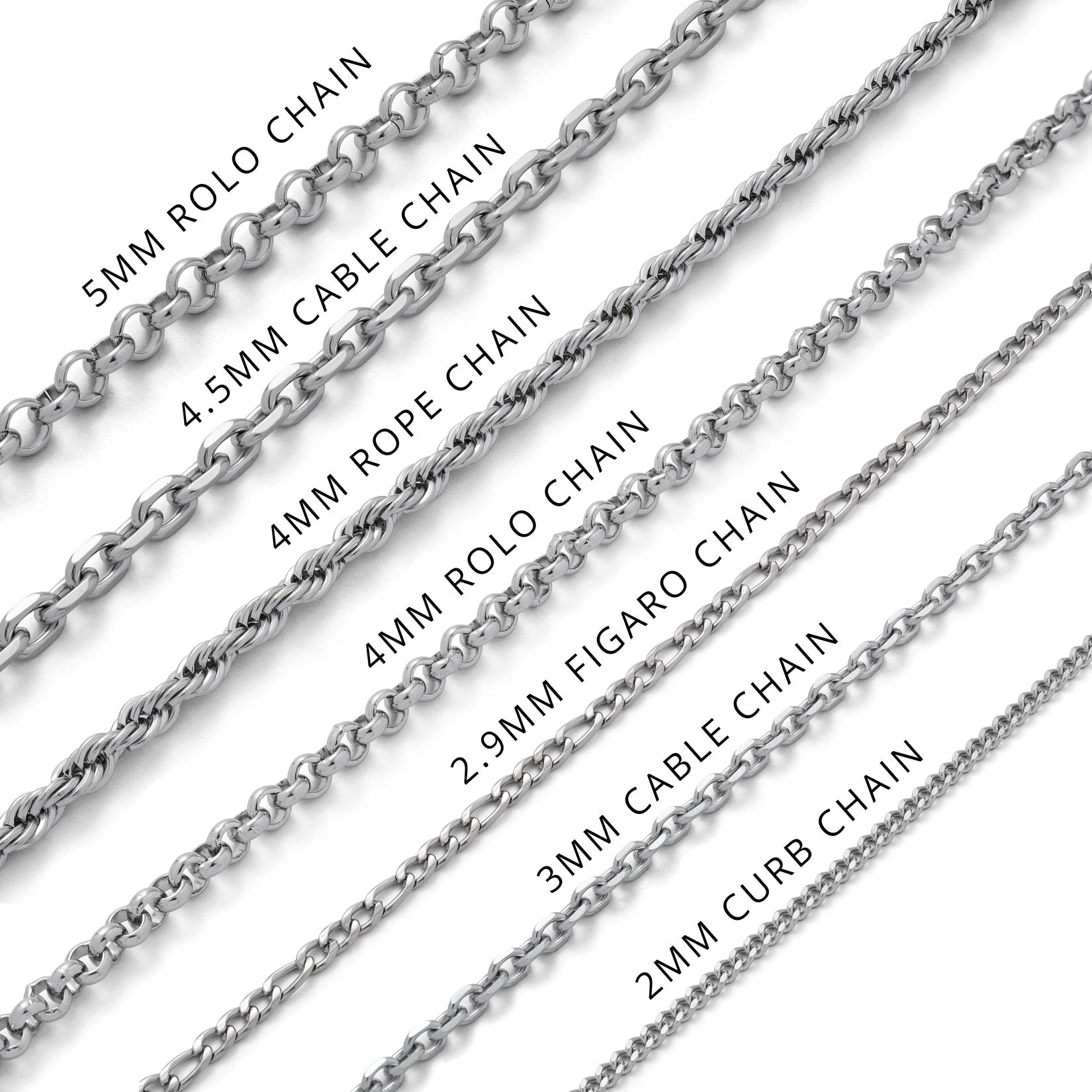Various types of chain necklaces with labeled dimensions on a white background