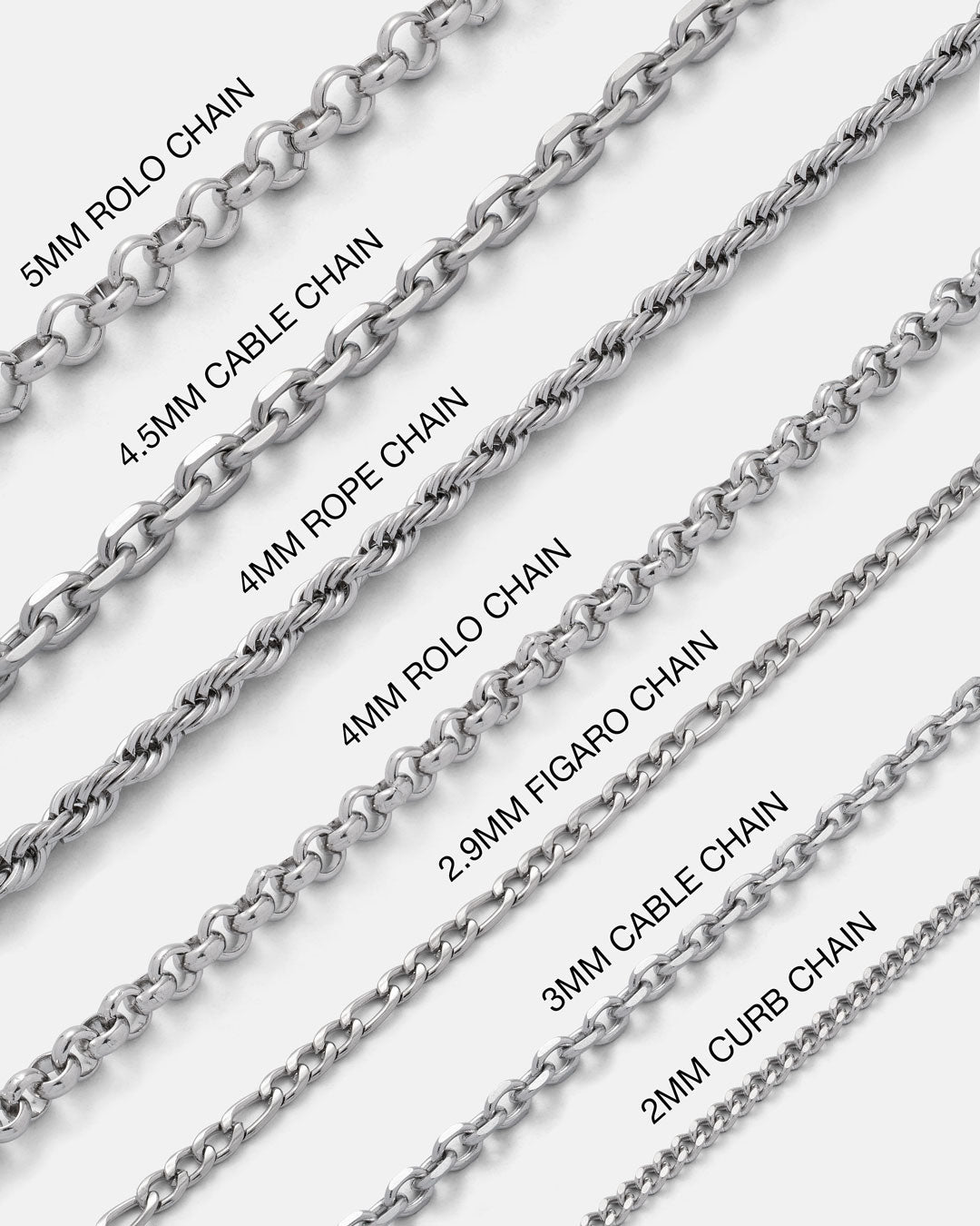 all pendant chain style options labeled examples on white background