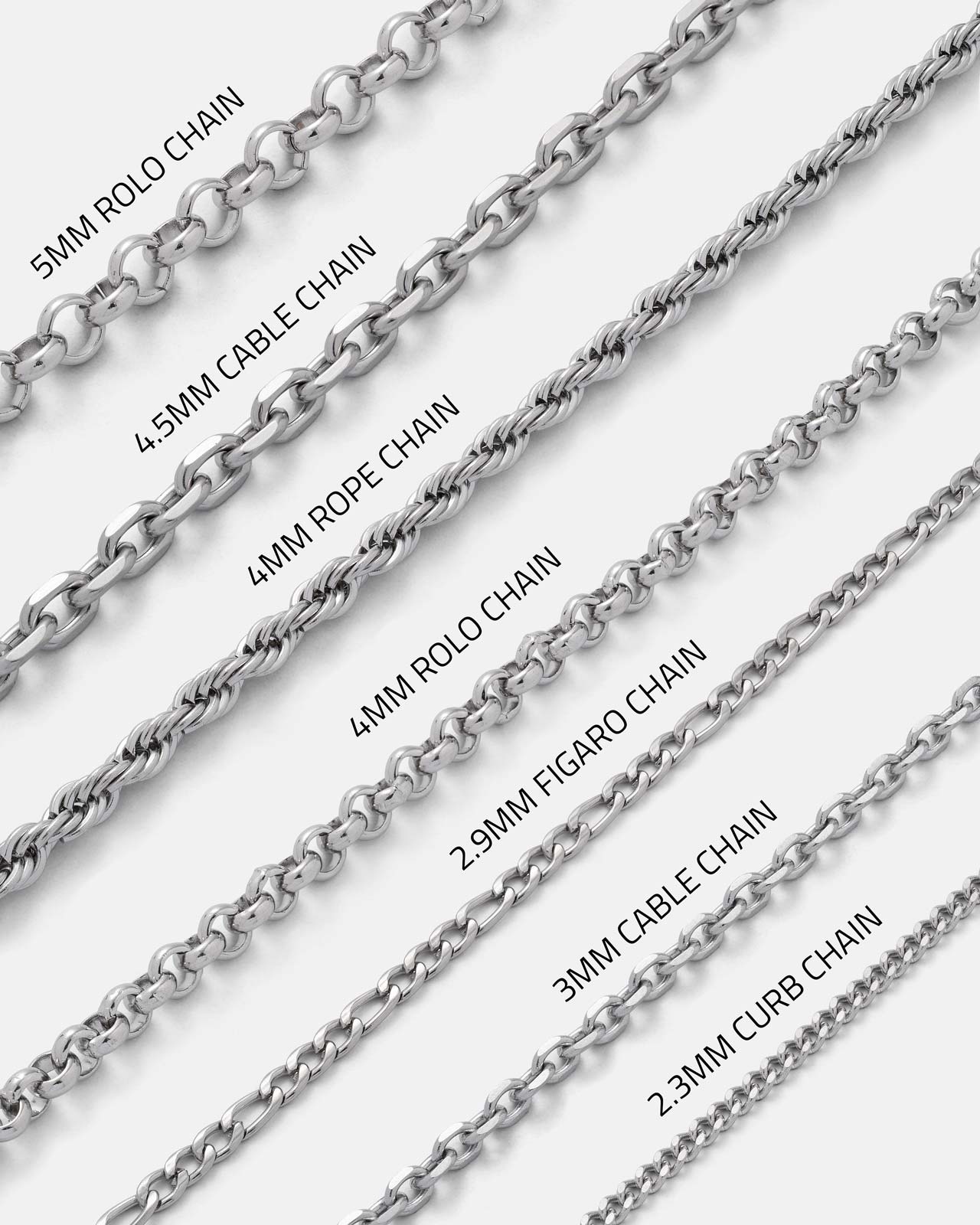 Eight silver chains are displayed diagonally, each labeled: 5mm rolo, 4.5mm cable, 4mm rope, 4mm rolo, 2.9mm figaro, 3mm cable, and 2.3mm curb chains—ideal for pairing with the STATEMENT “Big Iron” Pendant or highlighting your favorite cobra necklace.