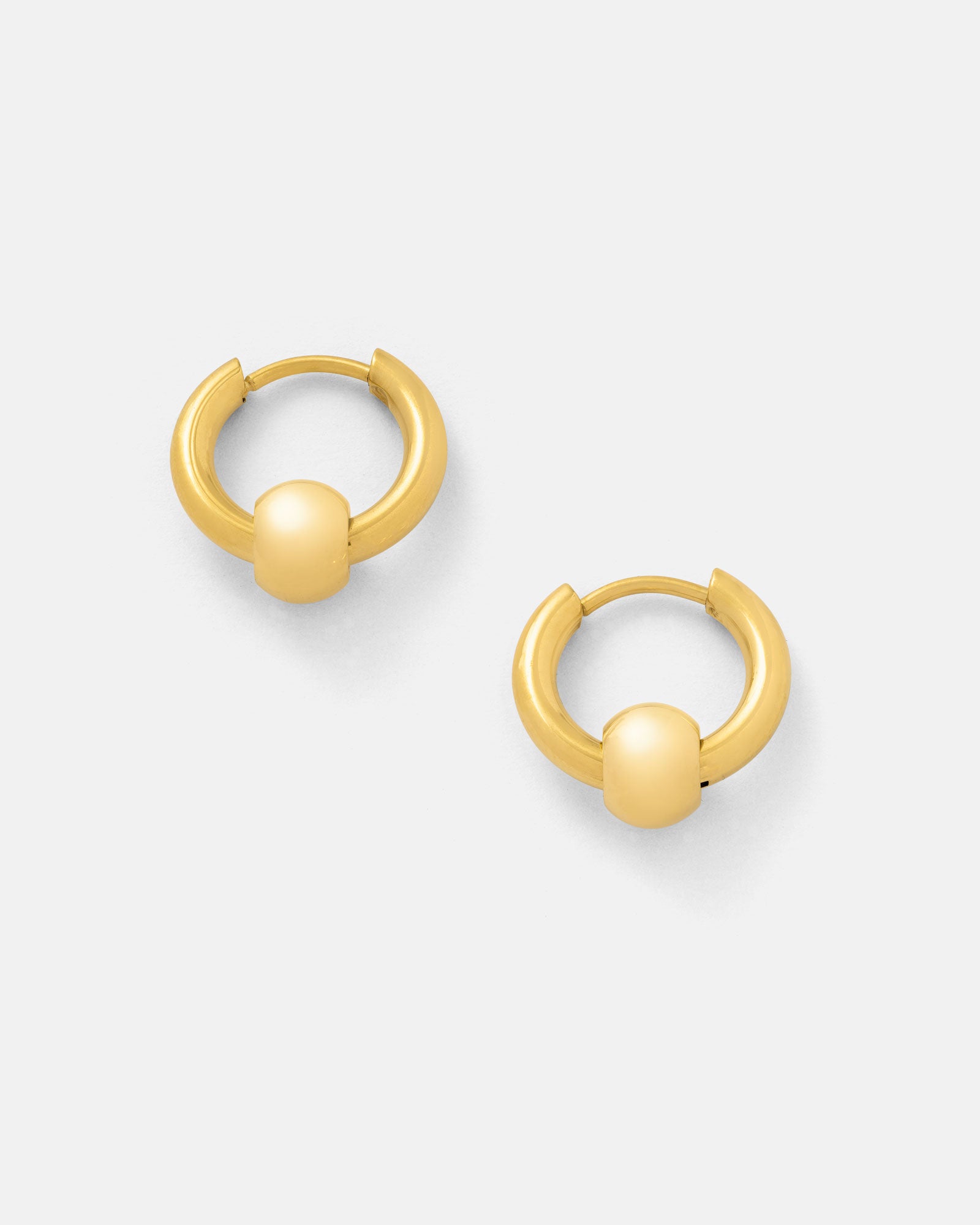 Ball Hoop Earrings (Gold): 18k gold-plated hoops with a smooth, rounded shape and a solid central ball accent, shown against a plain light background.
