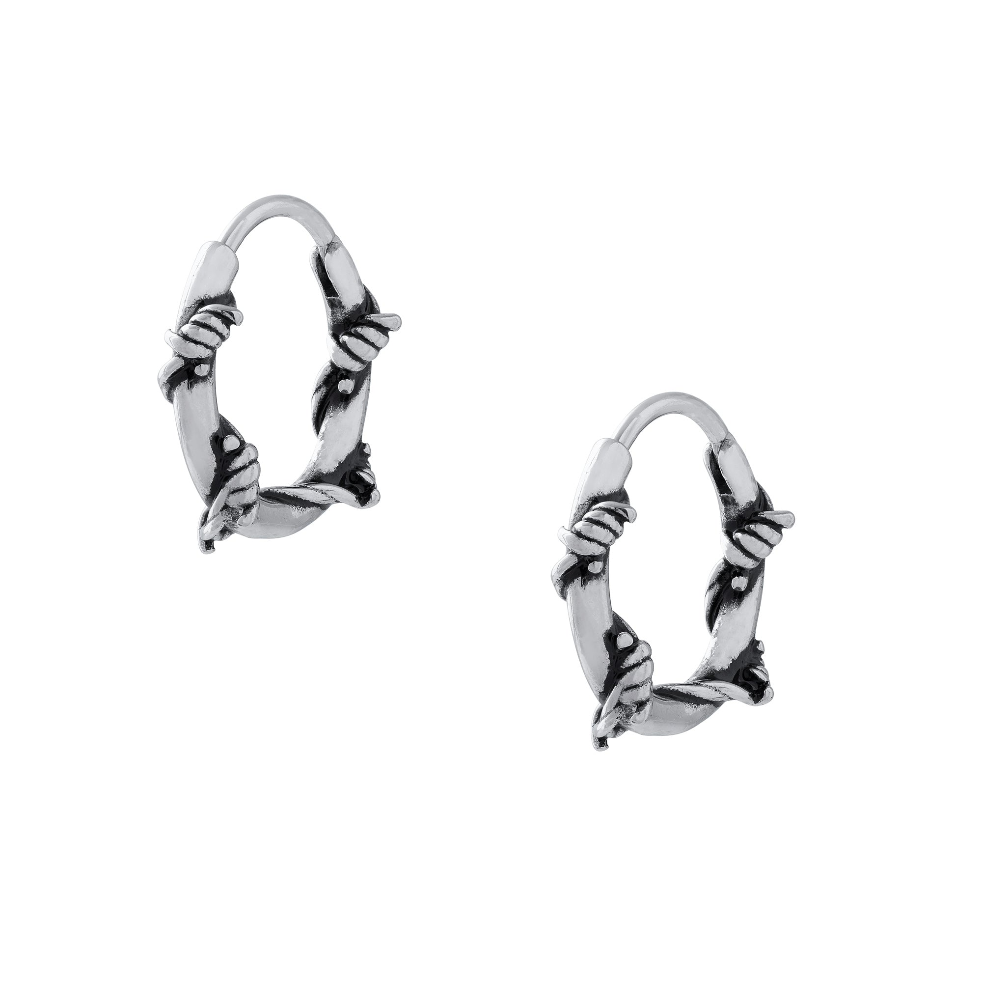 Silver barbed wire hoop earrings