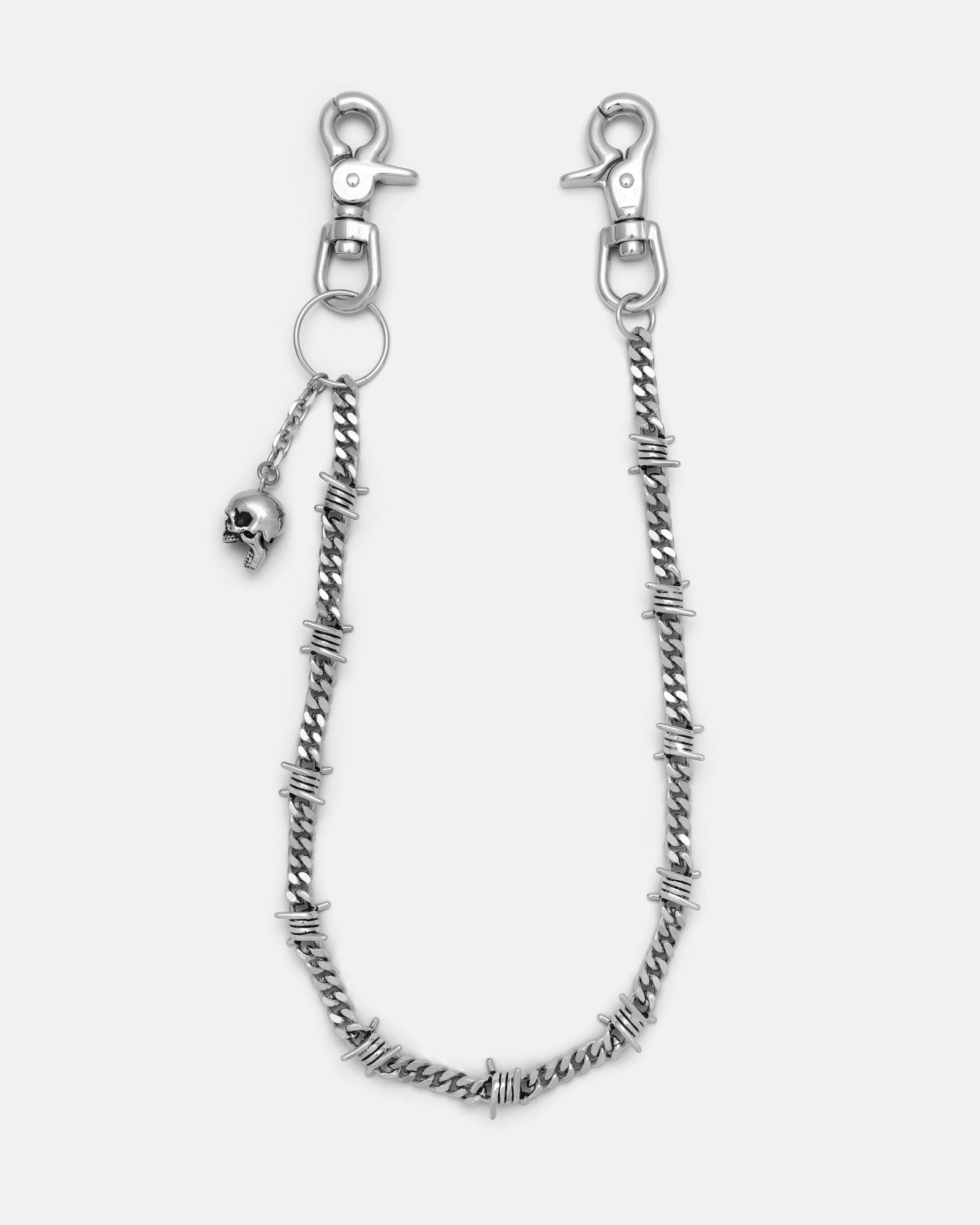 The 9mm Barbed Wire Cuban Wallet Chain features a stainless steel barbed wire design, two lobster clasps, and a small skull charm, showcased on a plain light gray background.