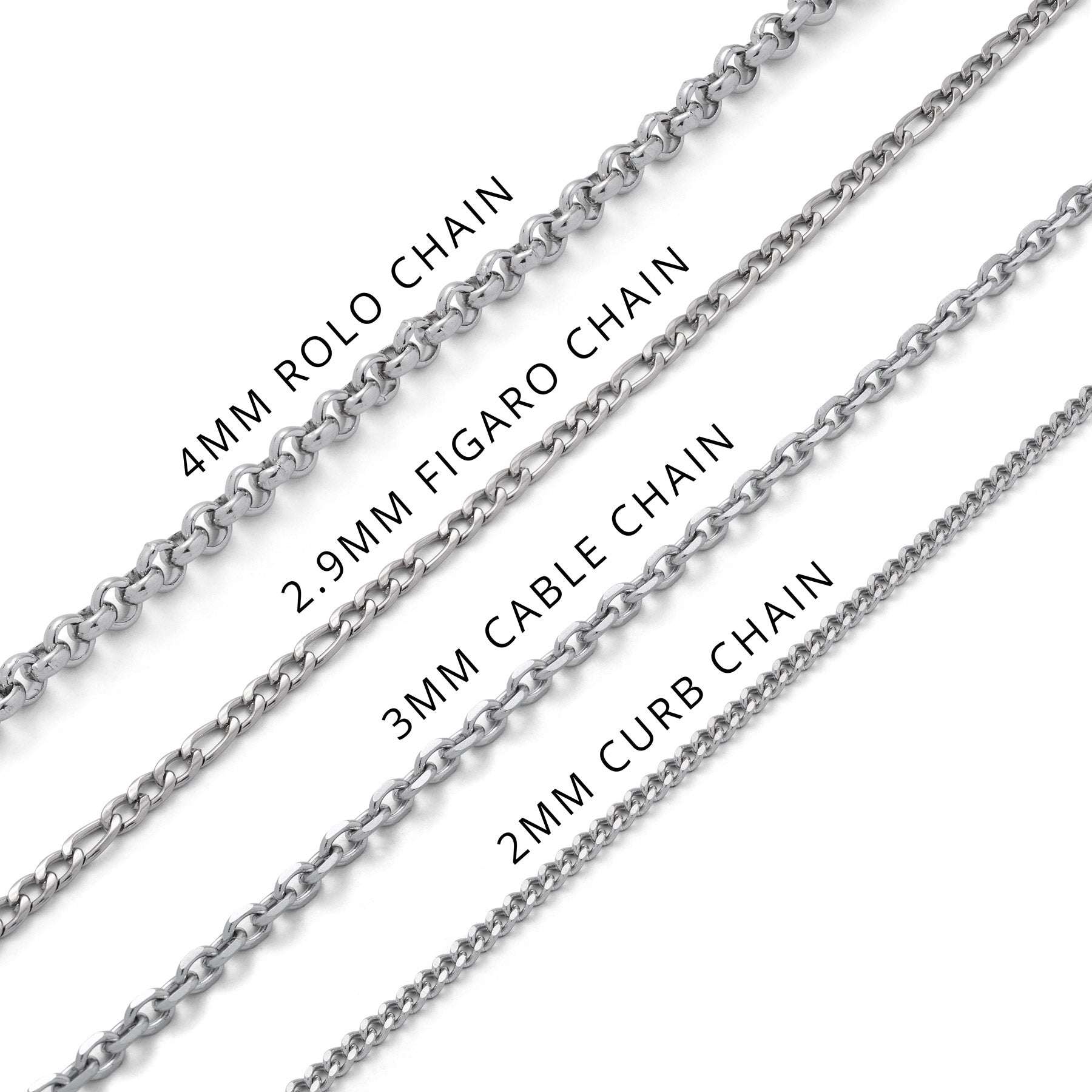 Four types of chain necklaces labeled with their names and widths on a white background.