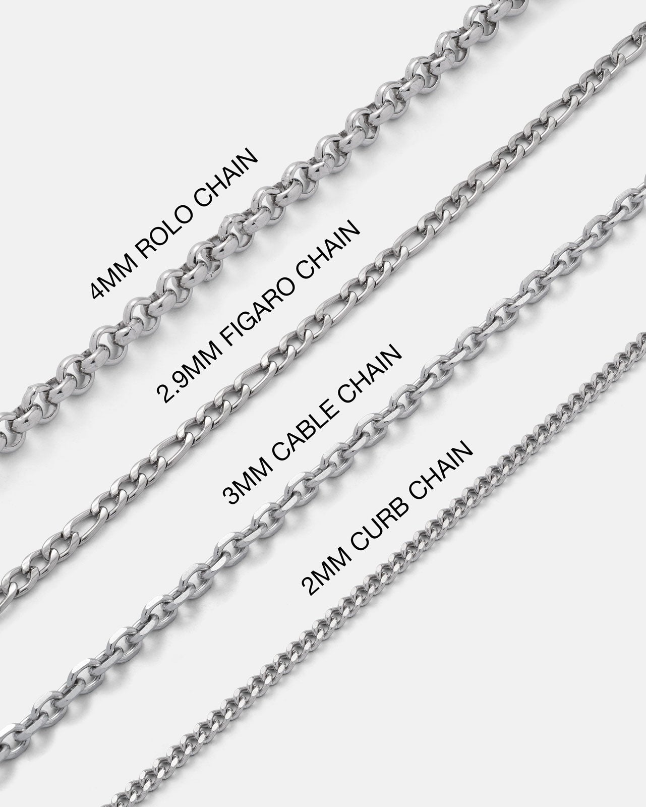 Four types of chain necklaces with labeled dimensions on a white background