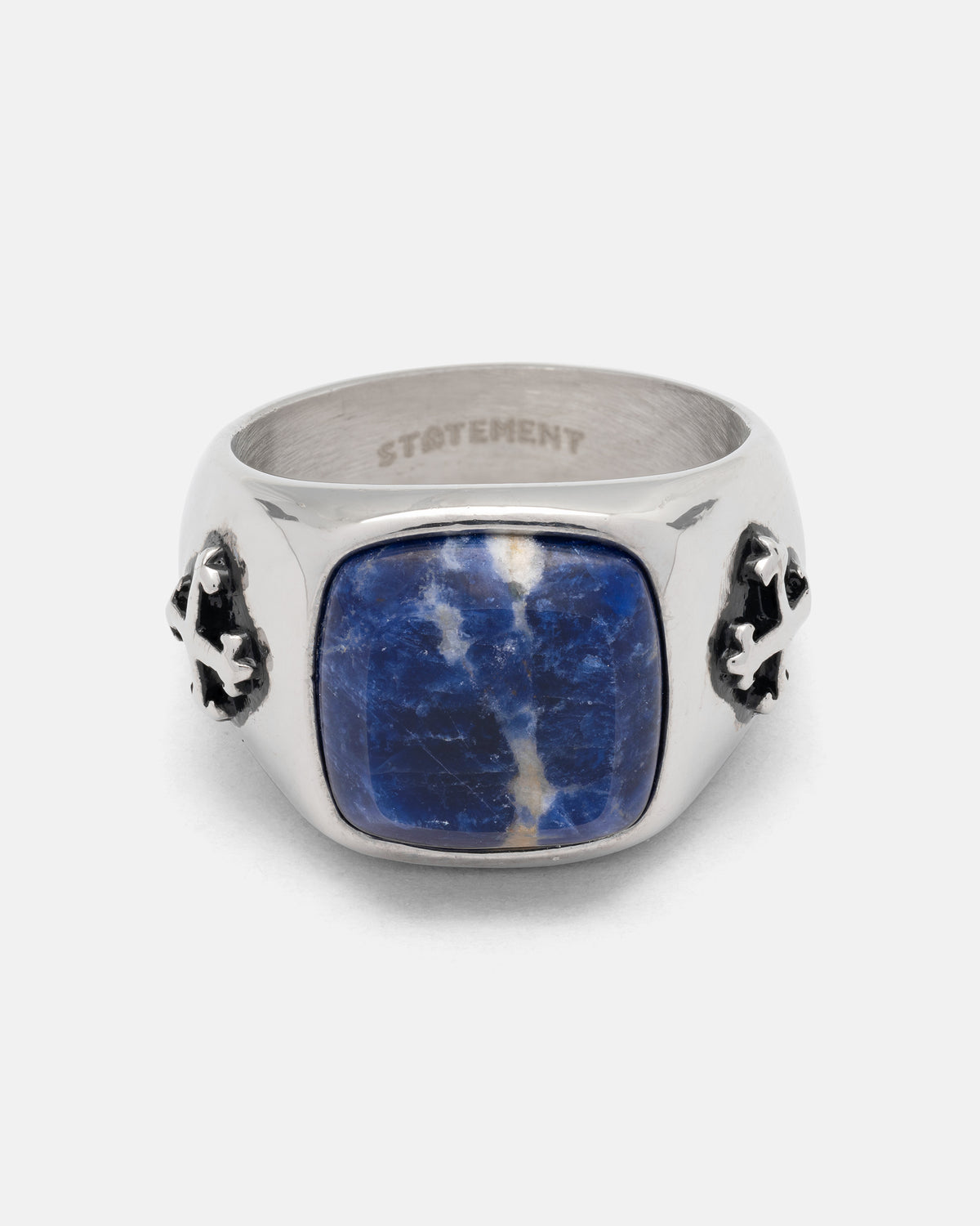Statement Collective Sodalite Stone Ring featuring a rectangular natural sodalite gemstone and cross-shaped side details in stainless steel.