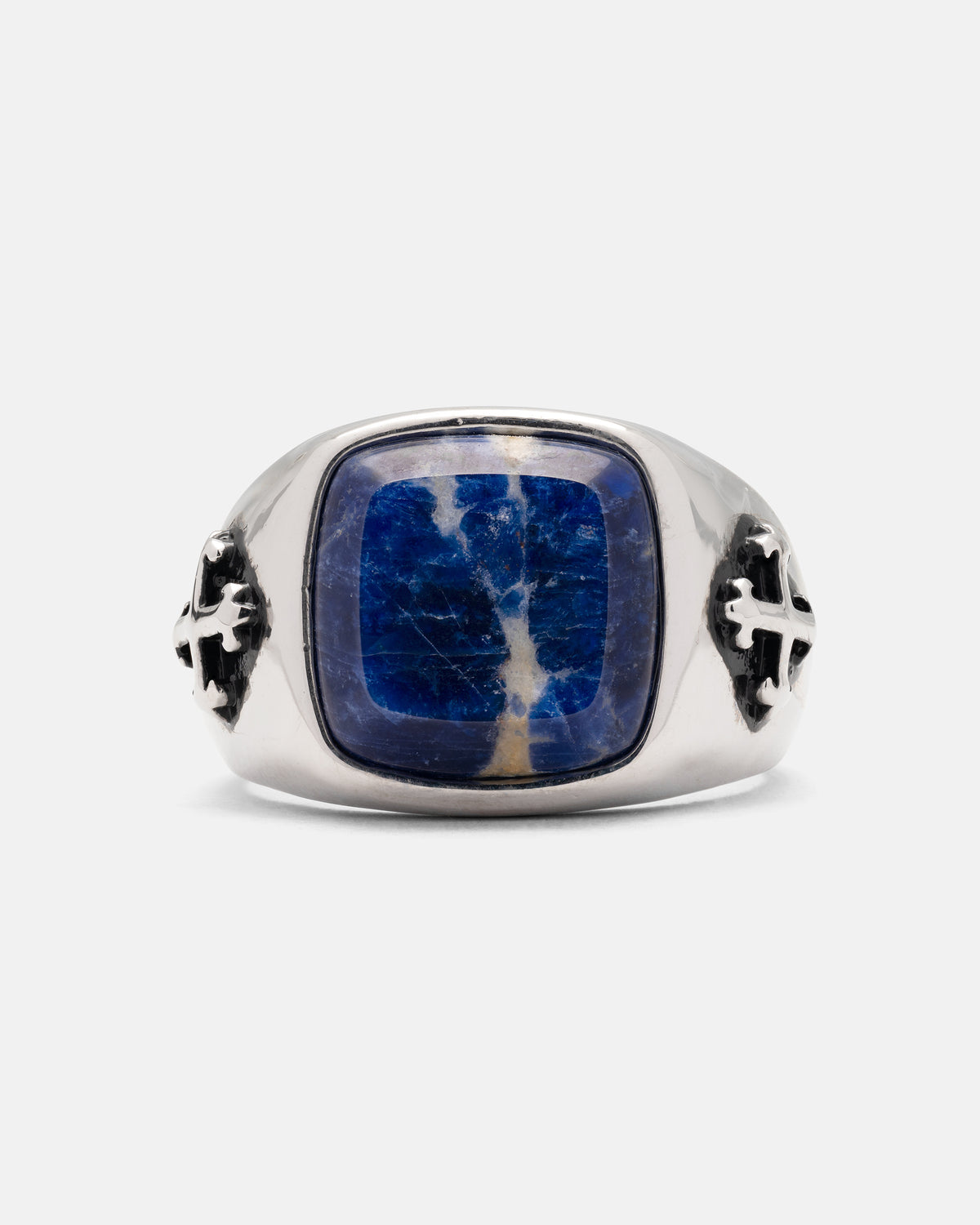 Statement Collective Sodalite Stone Ring in silver stainless steel, featuring a square natural sodalite gemstone with a cross emblem on each side.