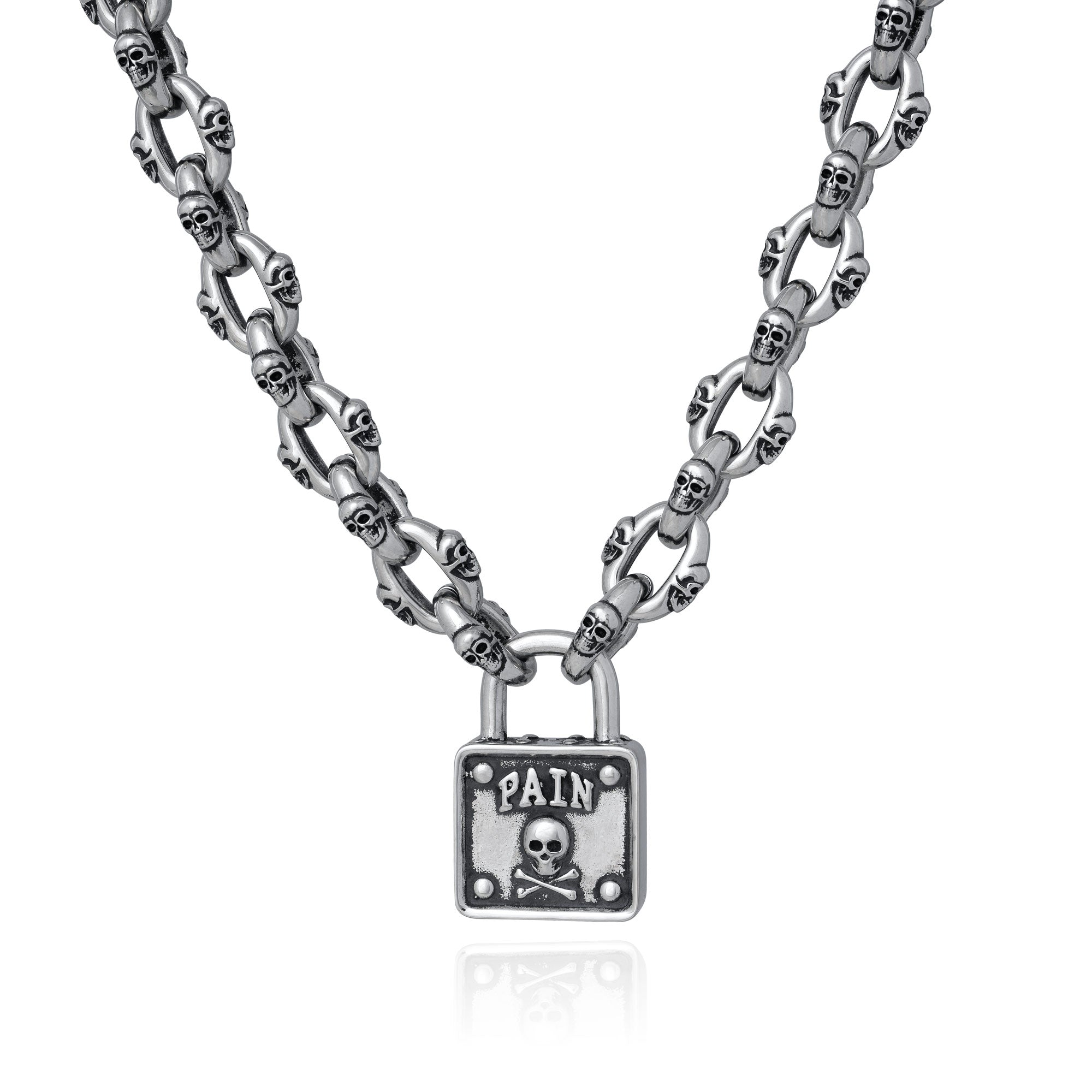Silver skull chain with padlock pendant with skull and word "pain" embedded above skull