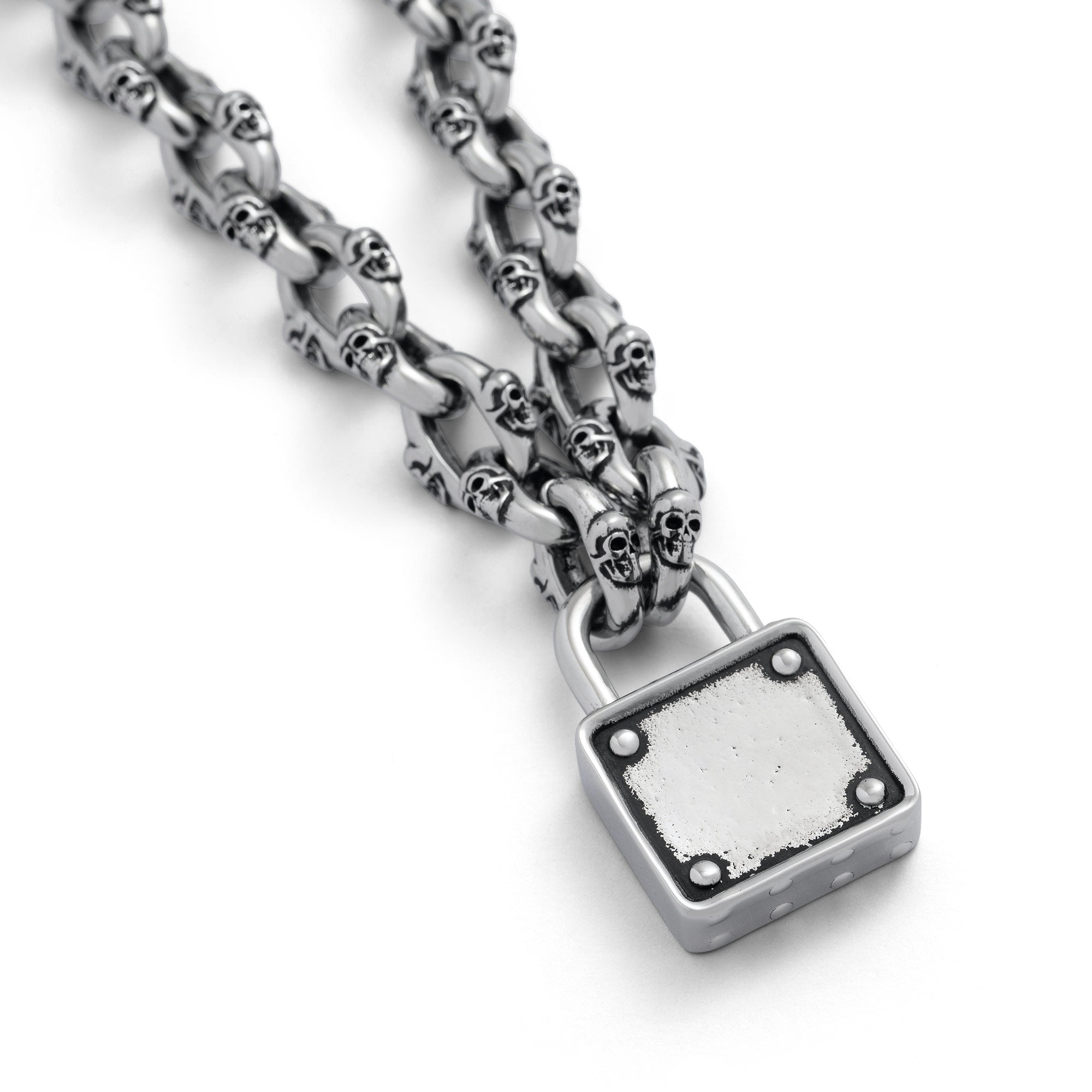 Back view of Silver skull chain with padlock pendant