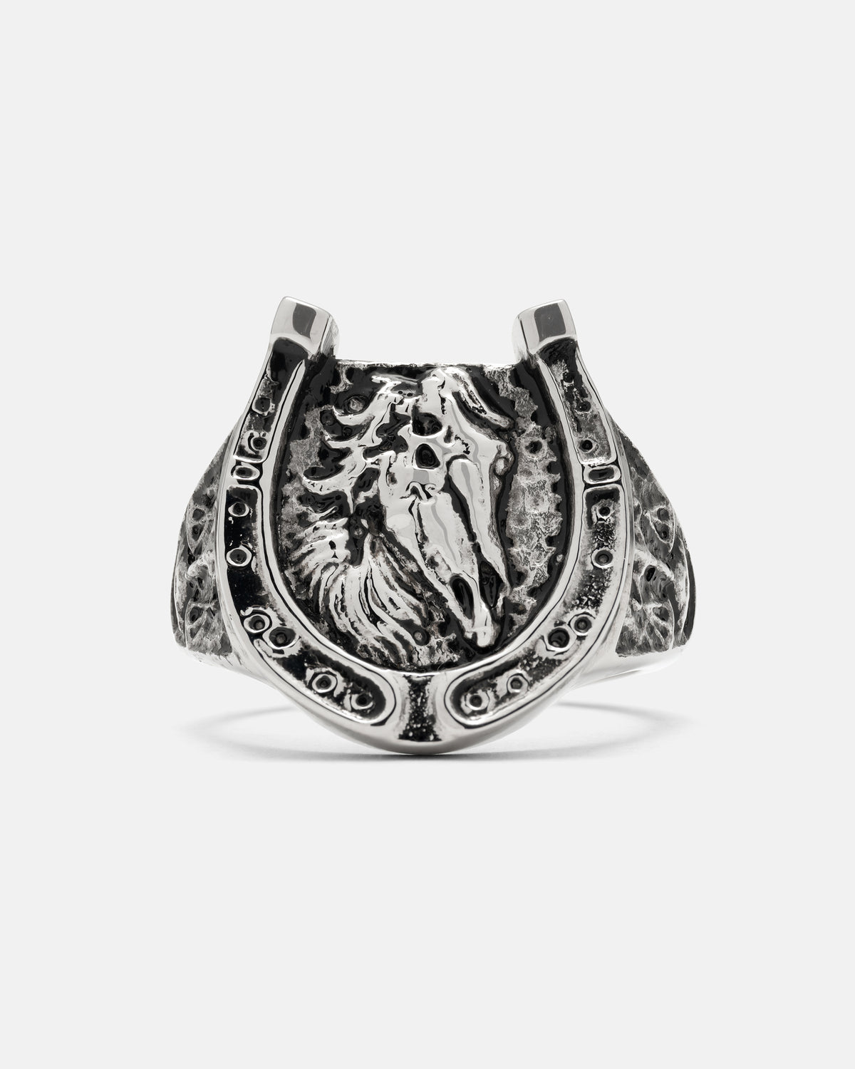 A silver Bronco Ring in a western horseshoe shape featuring an embossed horse head.