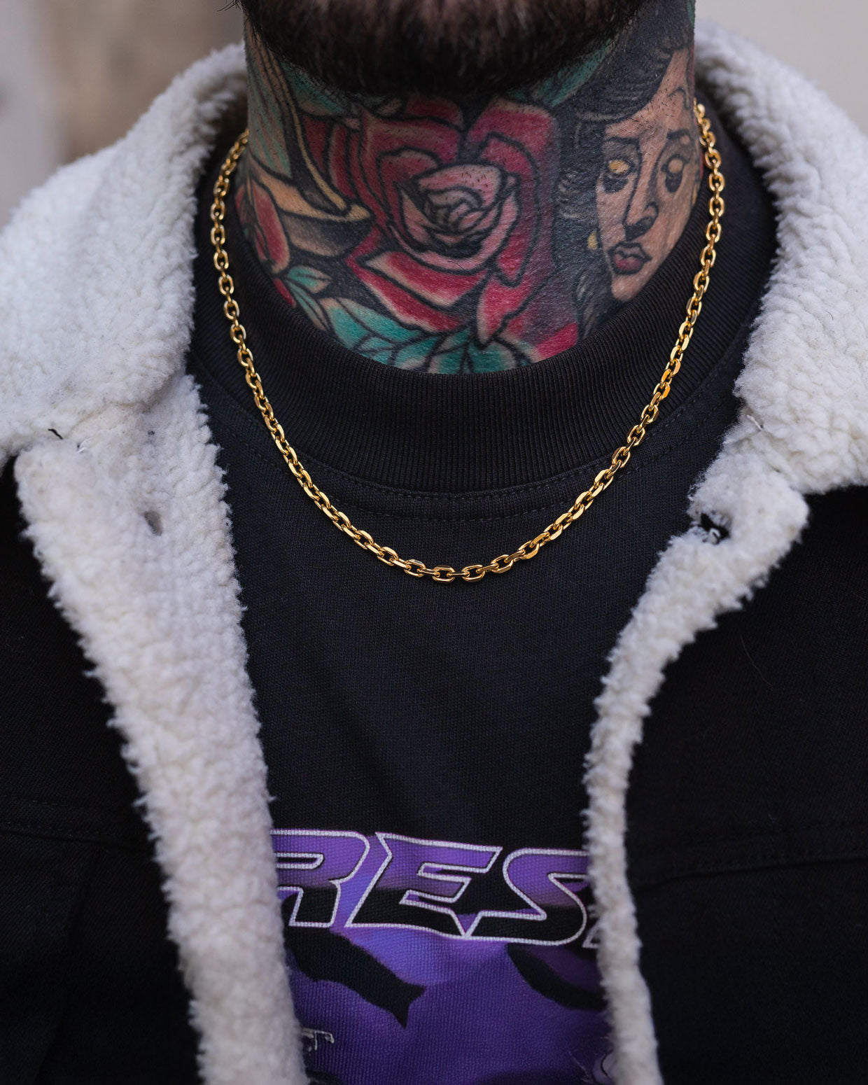 gold cable link necklace chain on model
