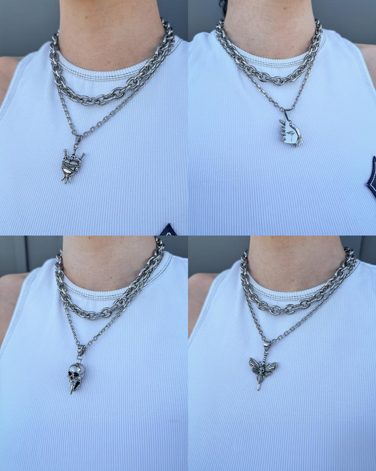 Four photos feature a person in a white sleeveless shirt wearing Statement Collective’s Cable Set (Custom Pendant Choice)—a layered stainless steel necklace with hand, shark tooth, skull, and butterfly pendants—against a neutral gray background.