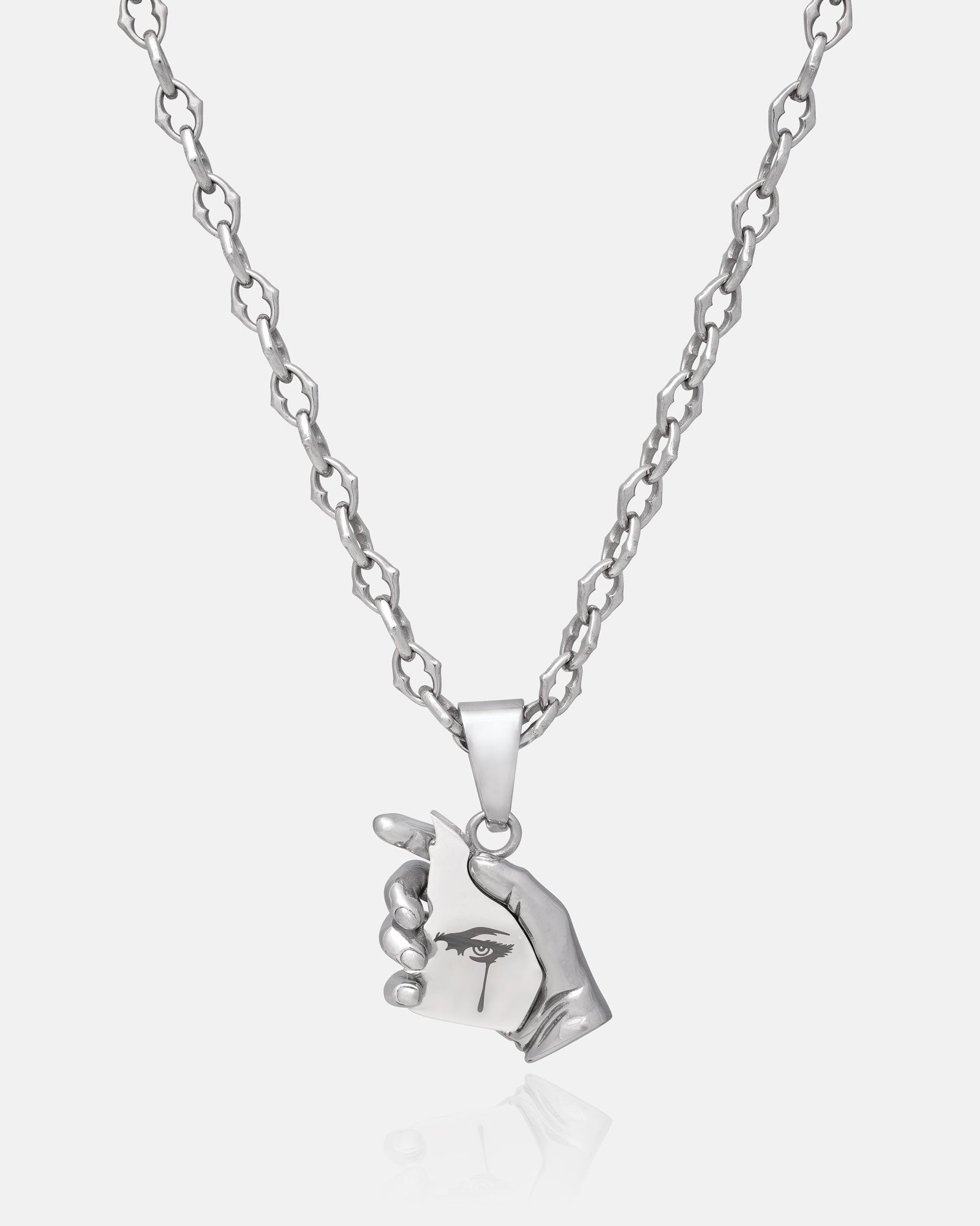 The Cathedral" 6mm Spiked Chain features a custom pendant—choose a unique hand-shaped piece holding a rectangular element with an eye and tear motif for bold medieval style in silver stainless steel.